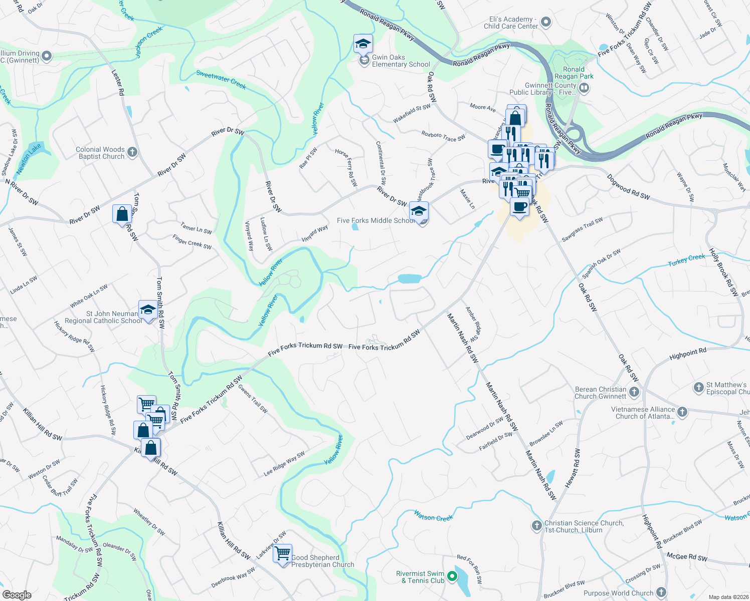 map of restaurants, bars, coffee shops, grocery stores, and more near 3442 Summie Drive Southwest in Lilburn