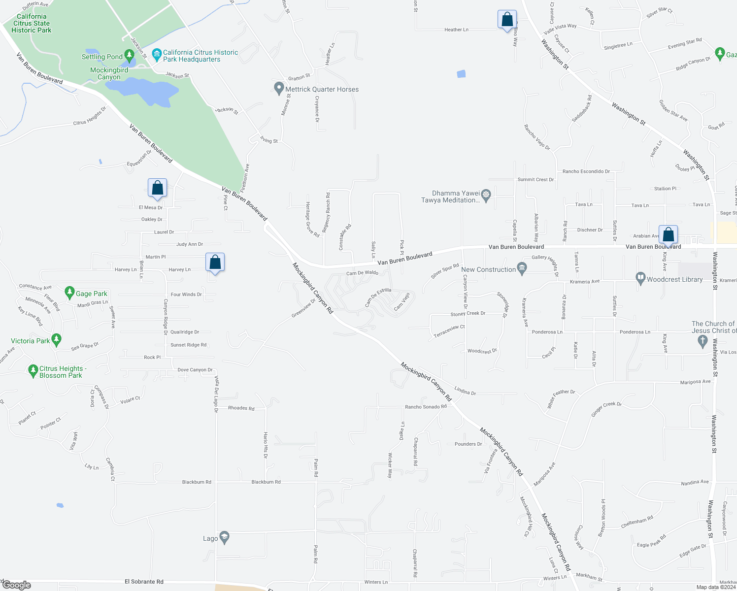 map of restaurants, bars, coffee shops, grocery stores, and more near 15181 Van Buren Boulevard in Riverside