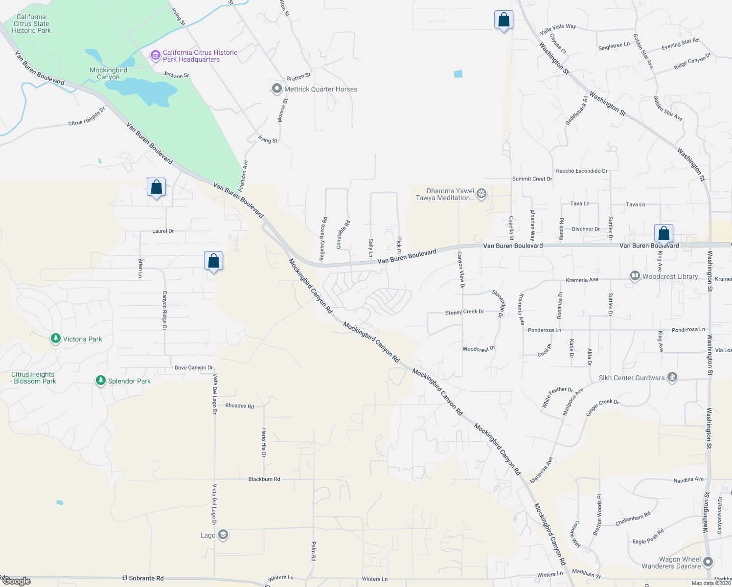 map of restaurants, bars, coffee shops, grocery stores, and more near 15181 Van Buren Boulevard in Riverside