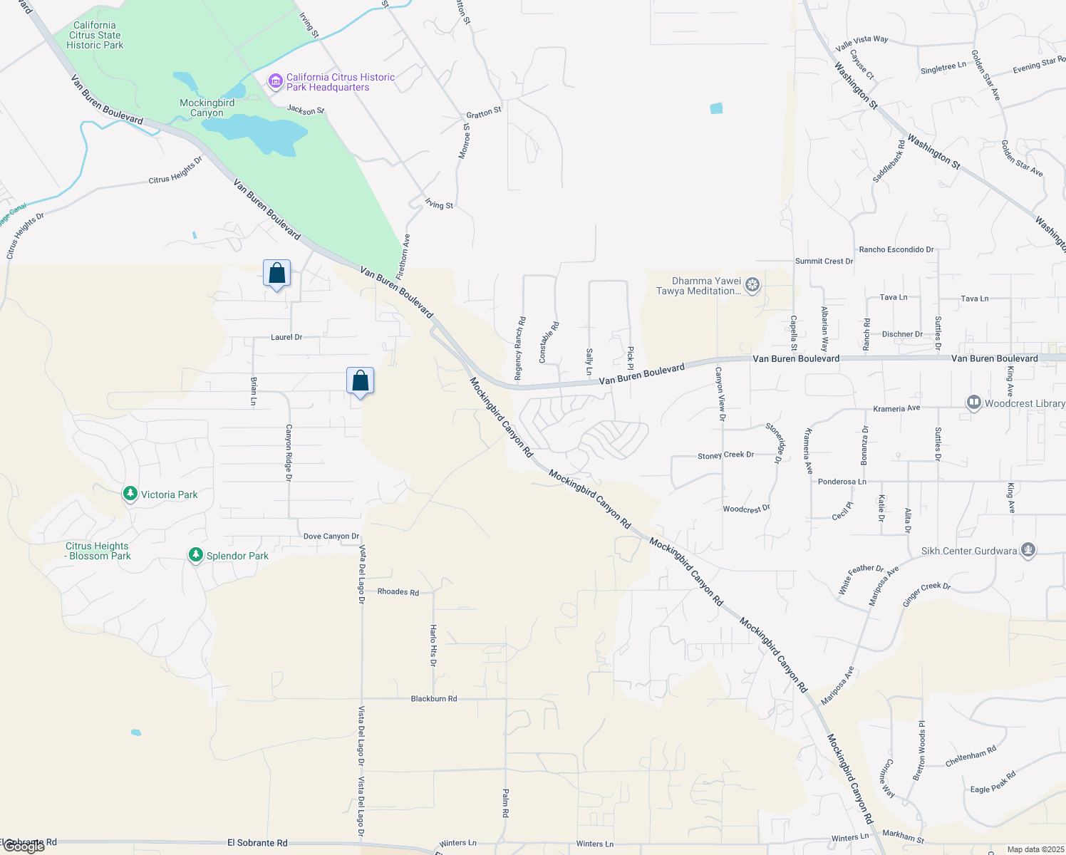 map of restaurants, bars, coffee shops, grocery stores, and more near 15181 Van Buren Boulevard in Riverside