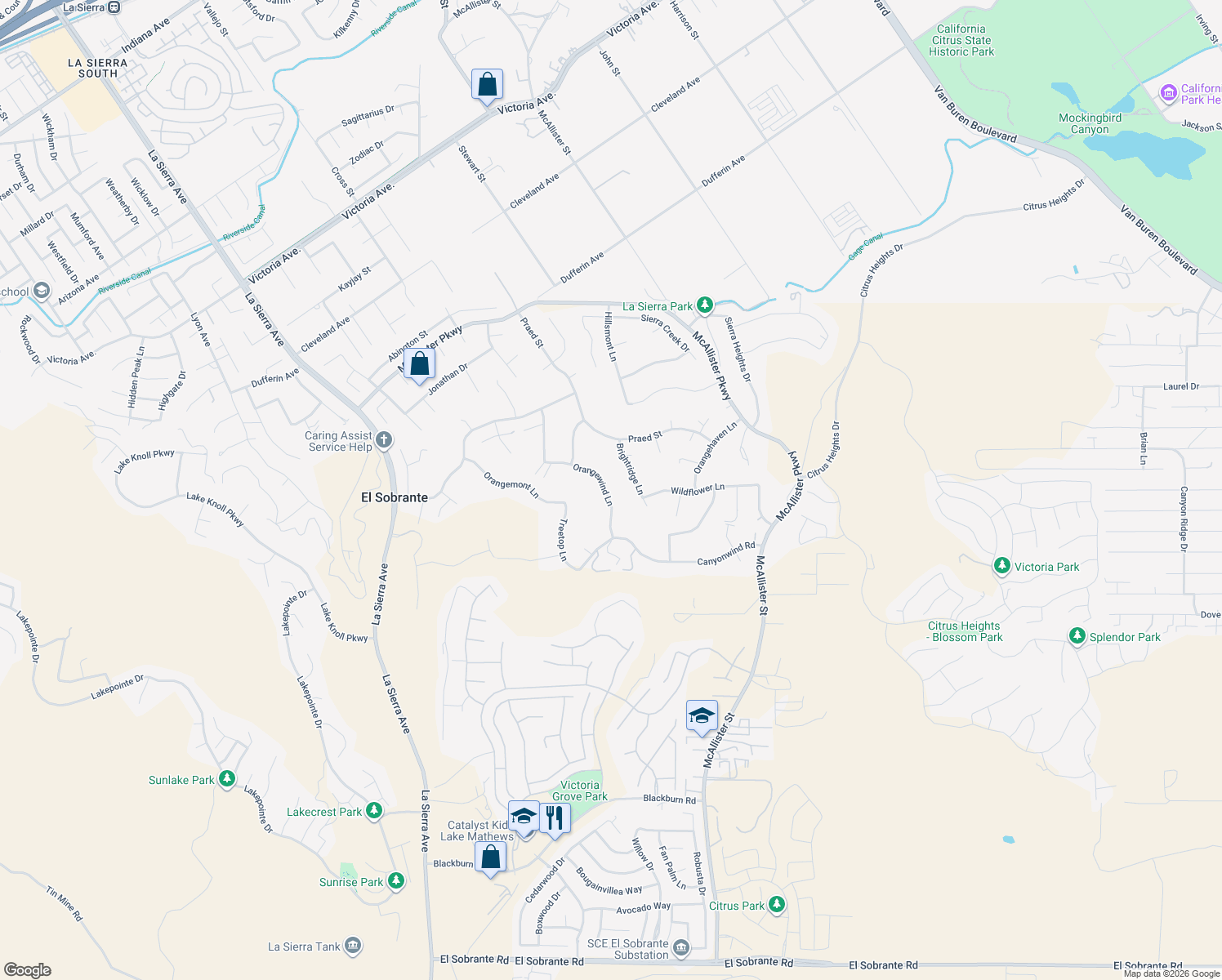 map of restaurants, bars, coffee shops, grocery stores, and more near 16562 Orangewind Lane in Riverside