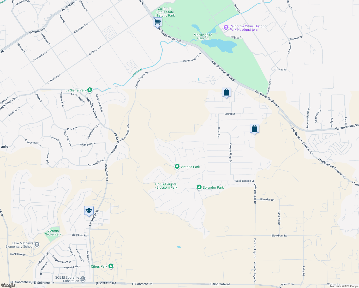 map of restaurants, bars, coffee shops, grocery stores, and more near 13717 Constance Avenue in Riverside