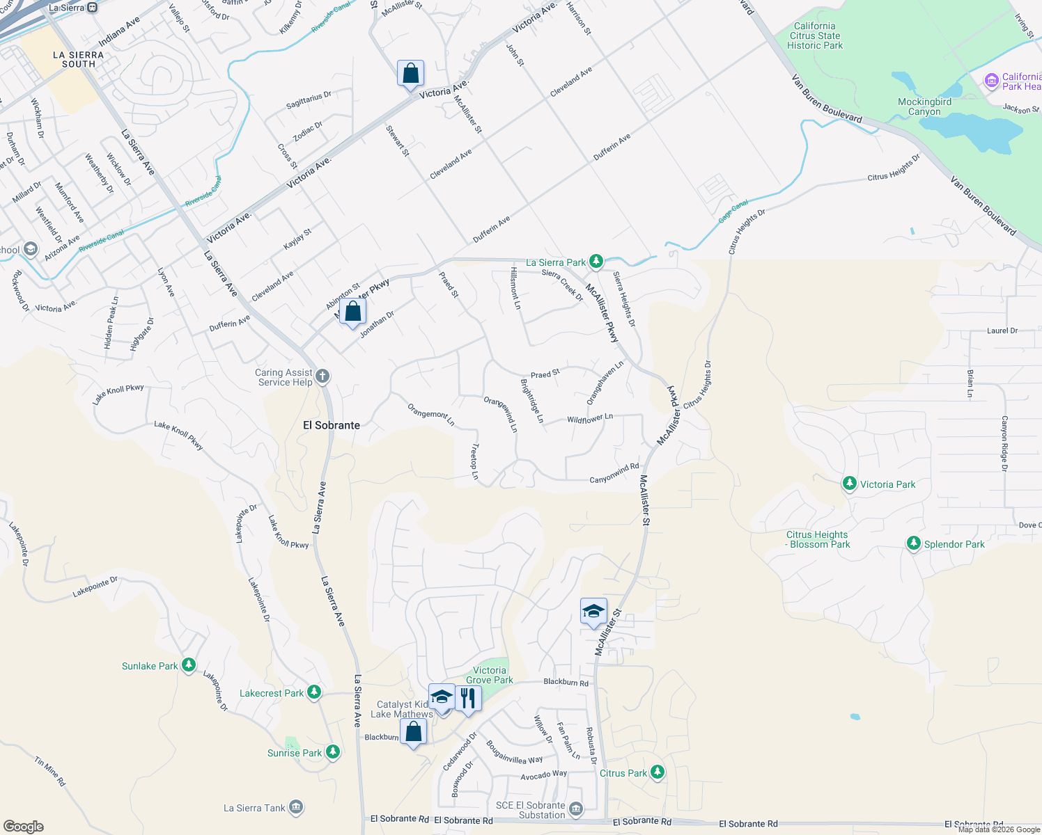 map of restaurants, bars, coffee shops, grocery stores, and more near 16562 Orangewind Lane in Riverside