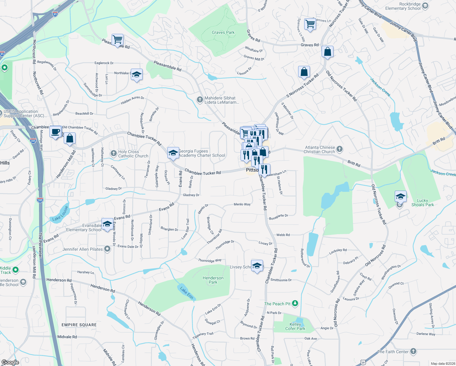 map of restaurants, bars, coffee shops, grocery stores, and more near 3029 Wembley Ridge in Doraville