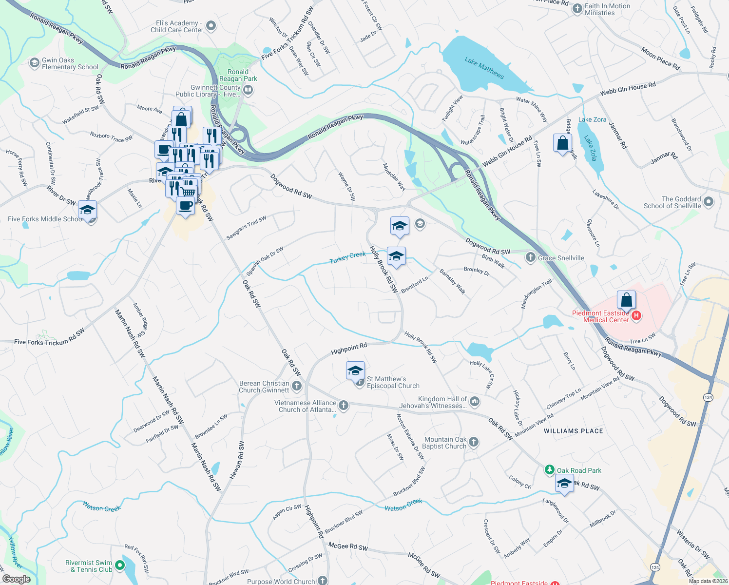 map of restaurants, bars, coffee shops, grocery stores, and more near 2770 Hadrian Drive Southwest in Snellville
