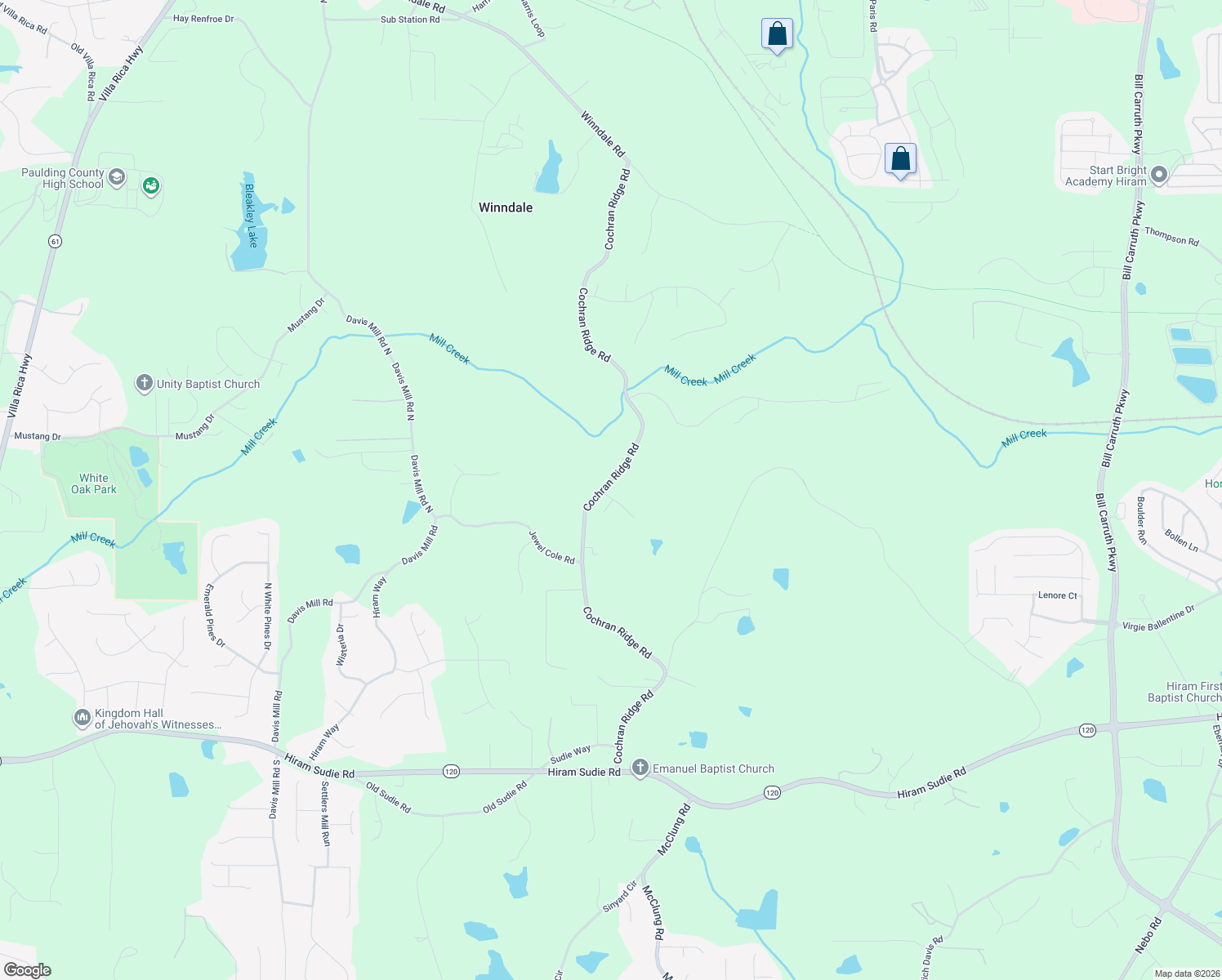 map of restaurants, bars, coffee shops, grocery stores, and more near 1117 Cochran Ridge Road in Hiram