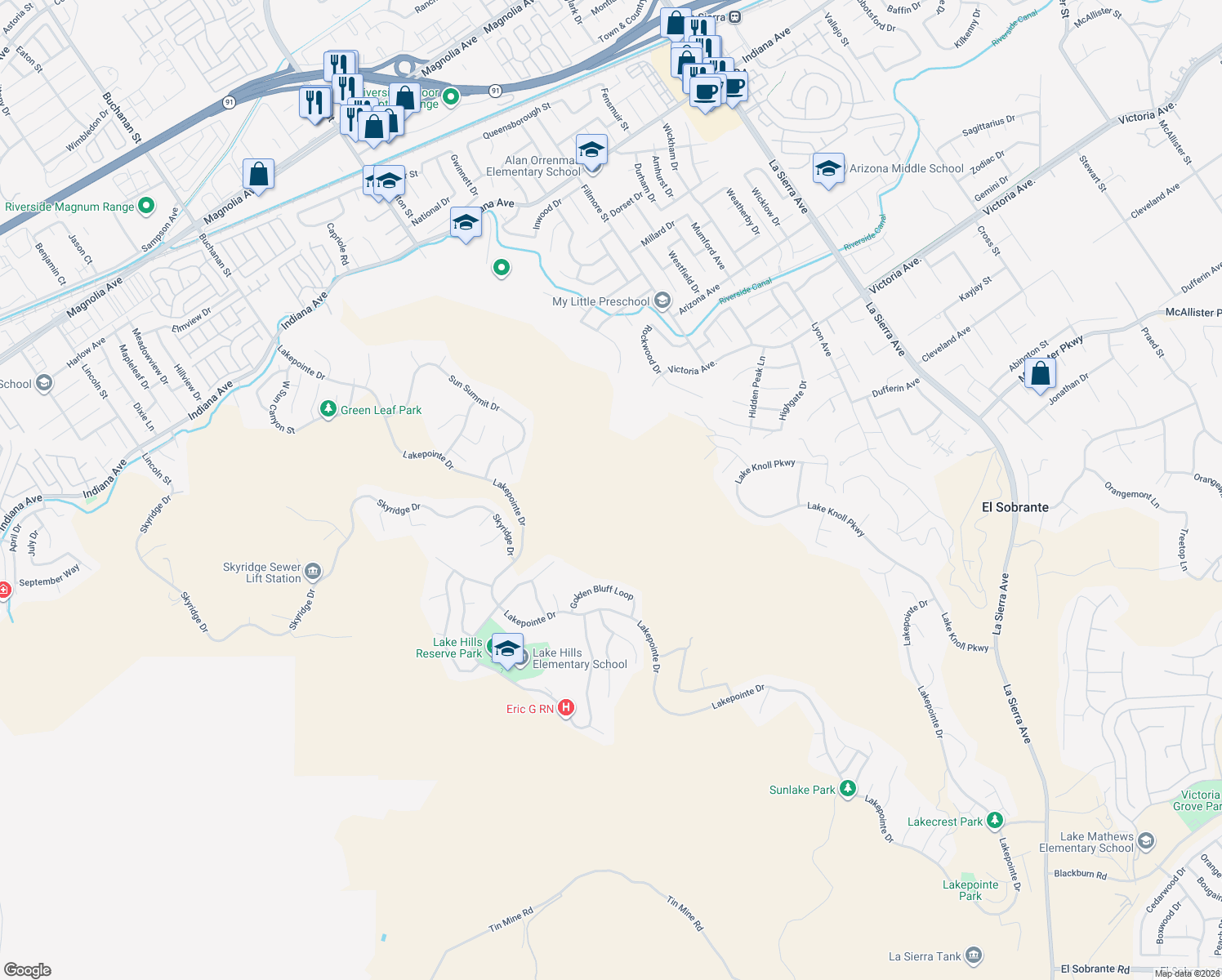 map of restaurants, bars, coffee shops, grocery stores, and more near Summer Springs Way in Riverside