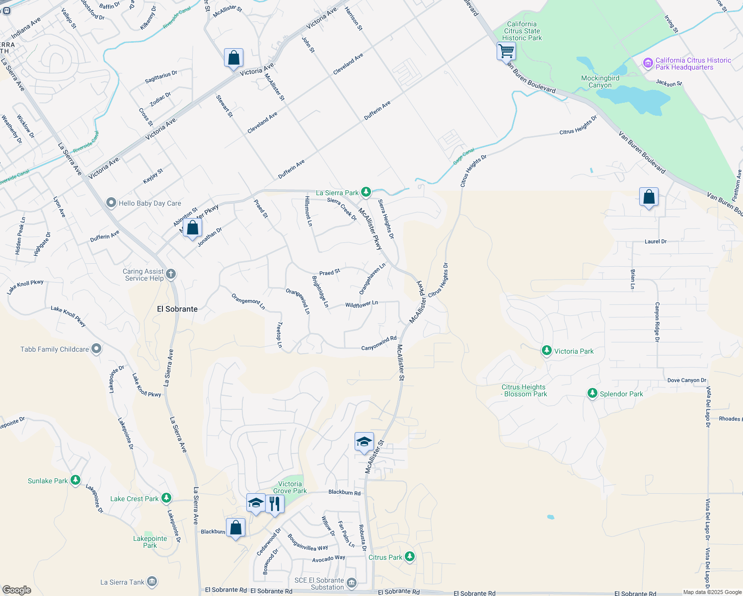 map of restaurants, bars, coffee shops, grocery stores, and more near 12830 Wildflower Lane in Riverside
