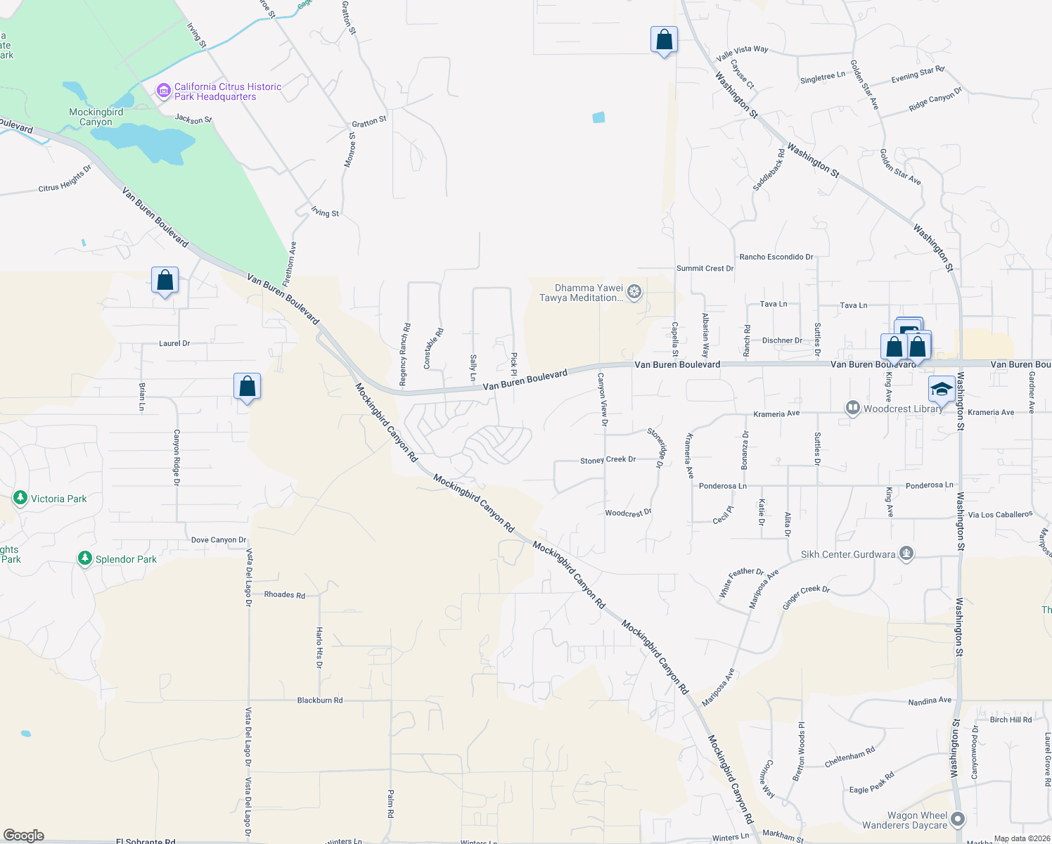 map of restaurants, bars, coffee shops, grocery stores, and more near Camino De Lorenzo in Riverside