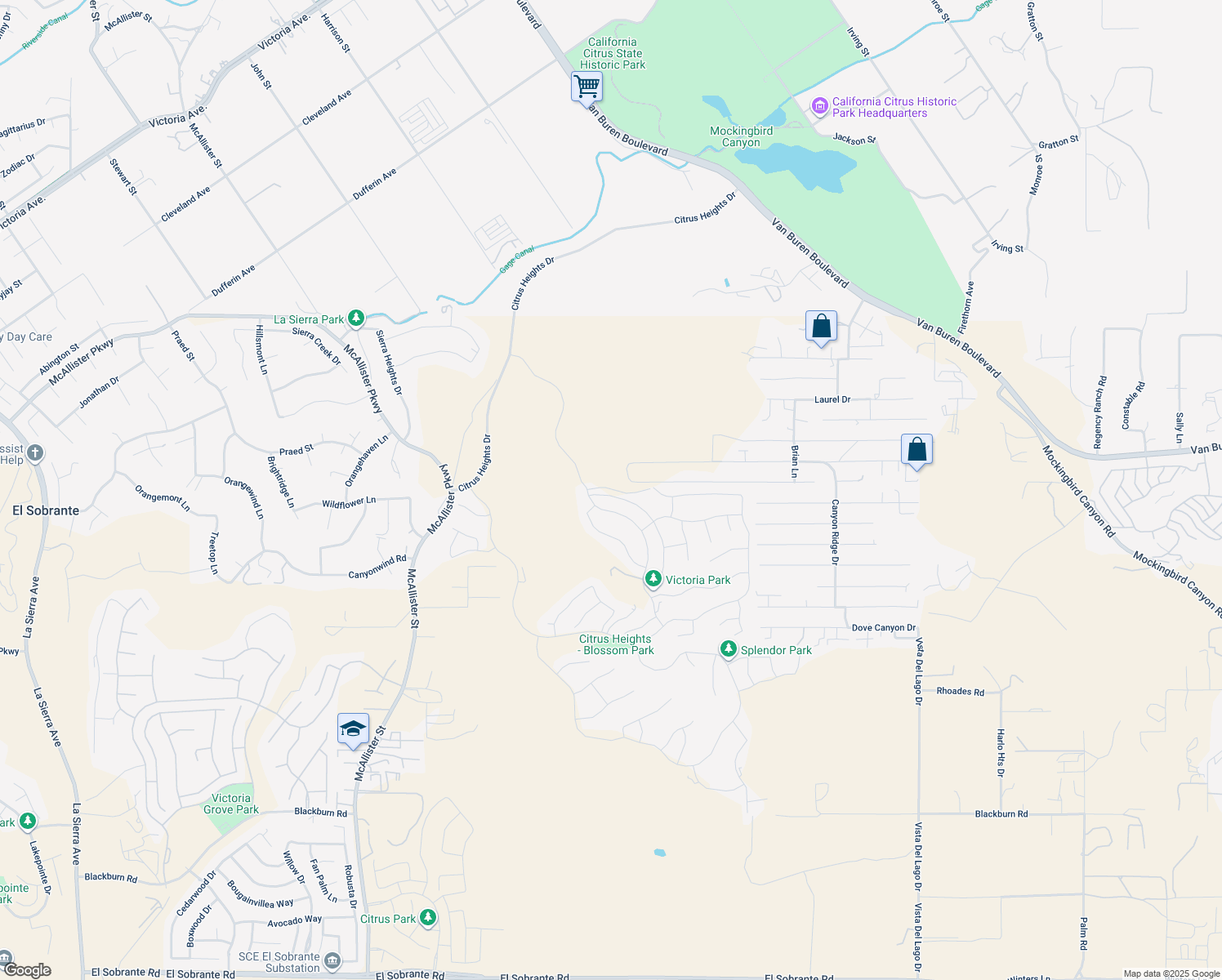 map of restaurants, bars, coffee shops, grocery stores, and more near 16568 Fleur Boulevard in Riverside