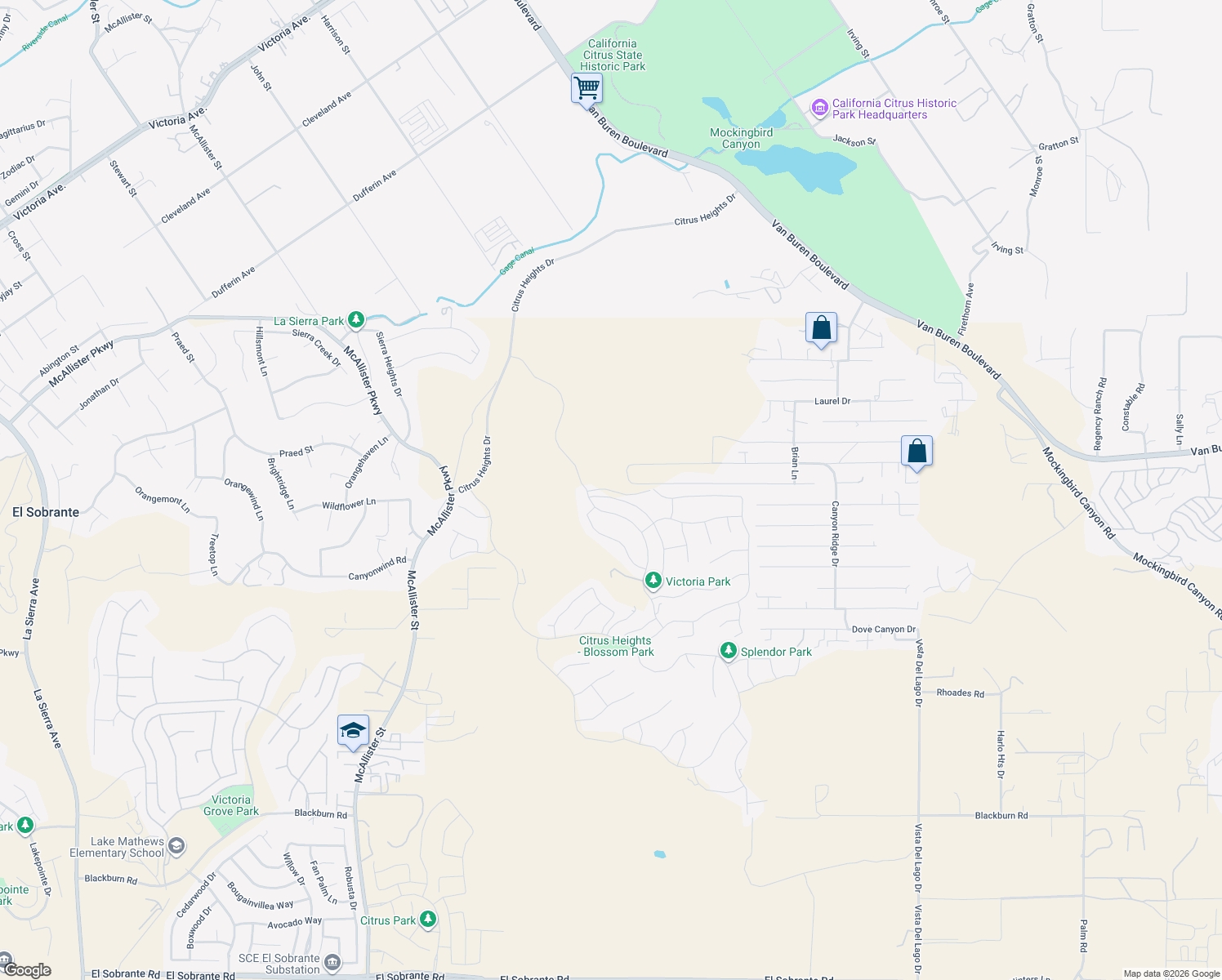 map of restaurants, bars, coffee shops, grocery stores, and more near 16585 Minneola Avenue in Riverside