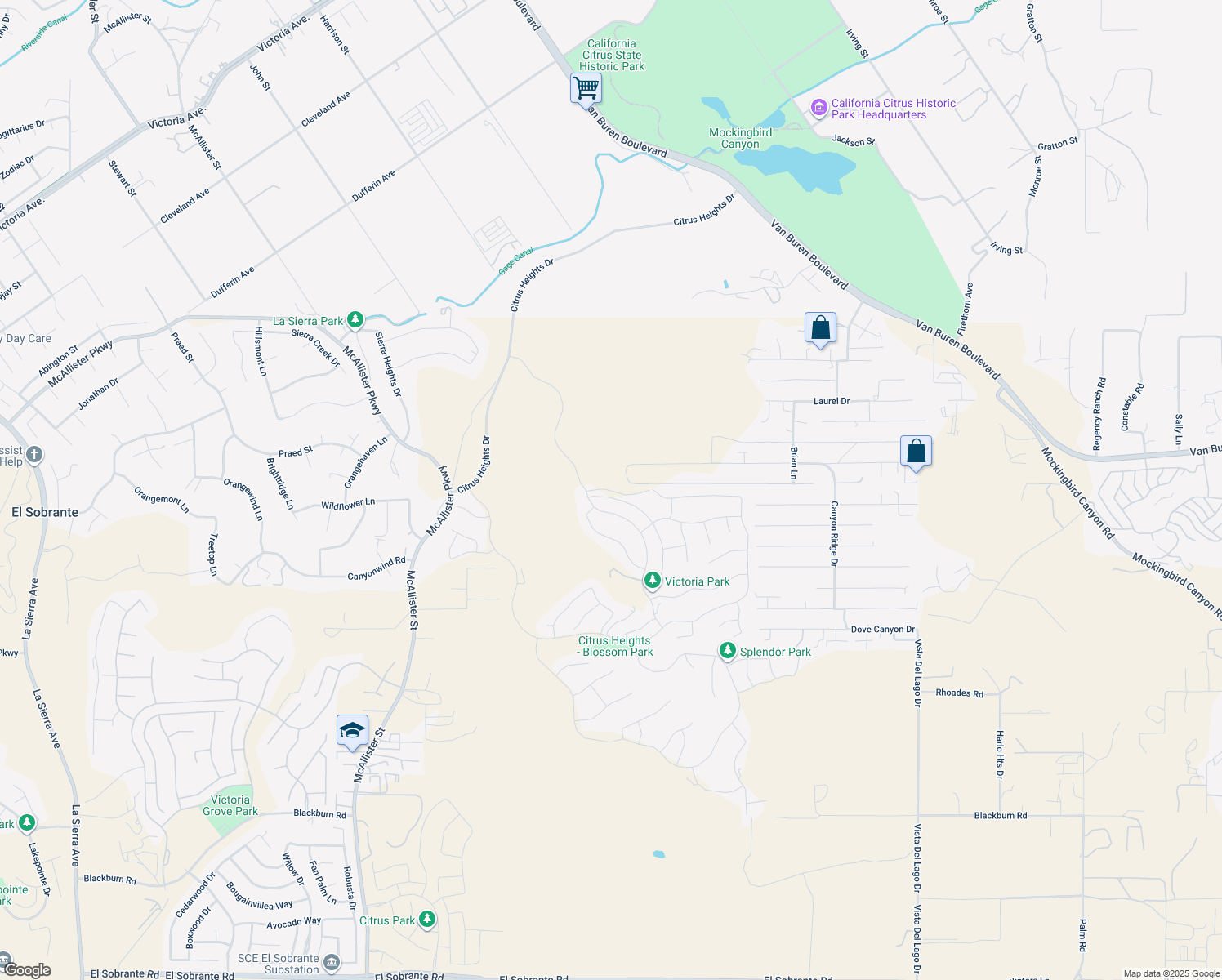 map of restaurants, bars, coffee shops, grocery stores, and more near 16568 Fleur Boulevard in Riverside