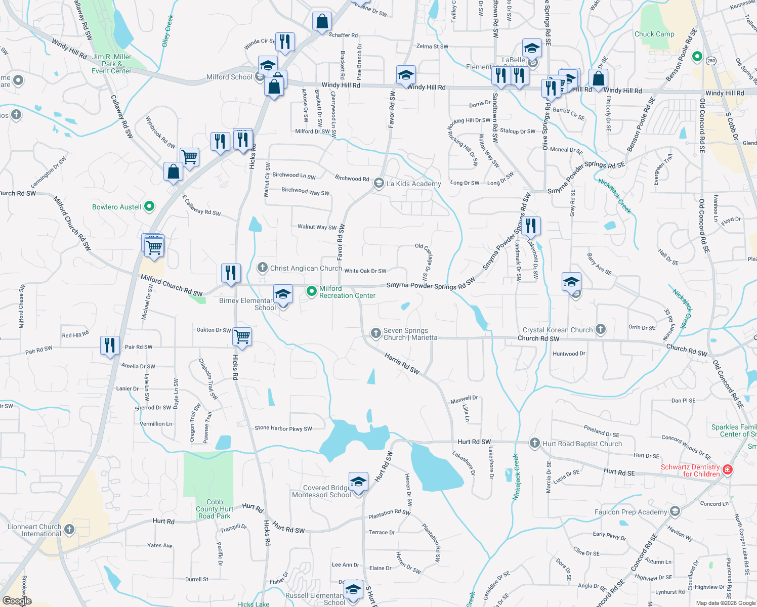 map of restaurants, bars, coffee shops, grocery stores, and more near 551 Harris Ct in Marietta