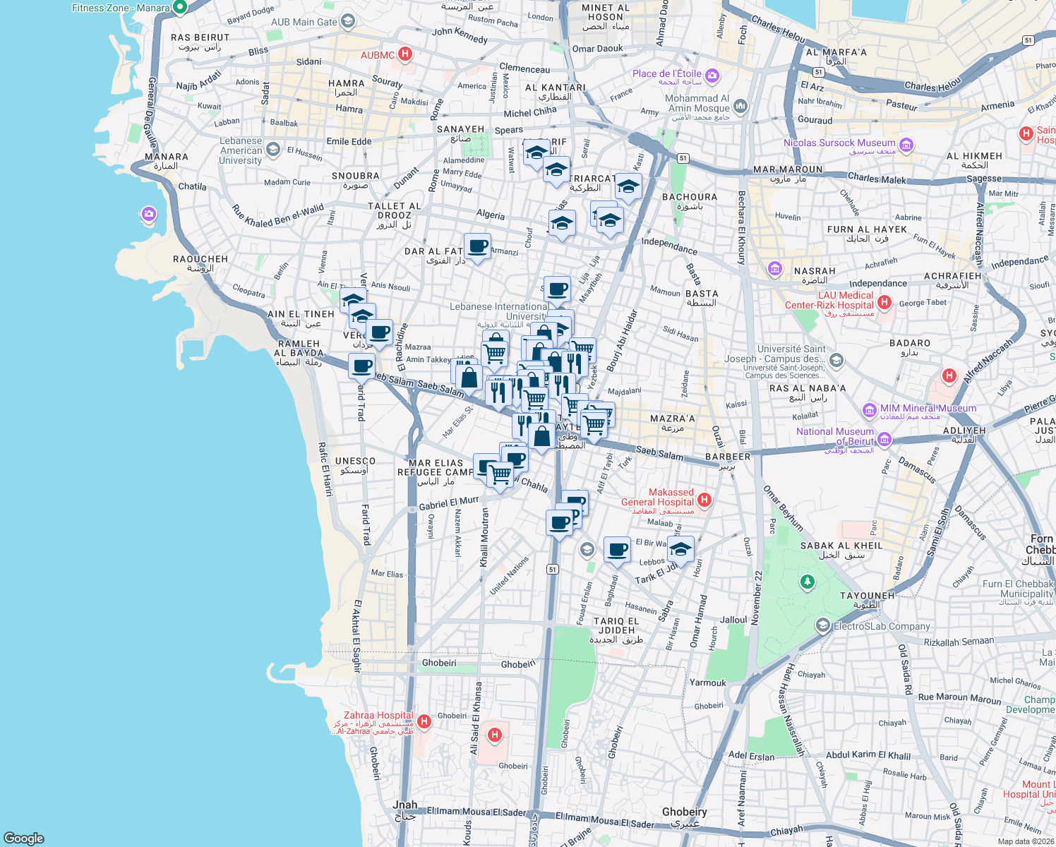 map of restaurants, bars, coffee shops, grocery stores, and more near Msaytbeh in Beirut
