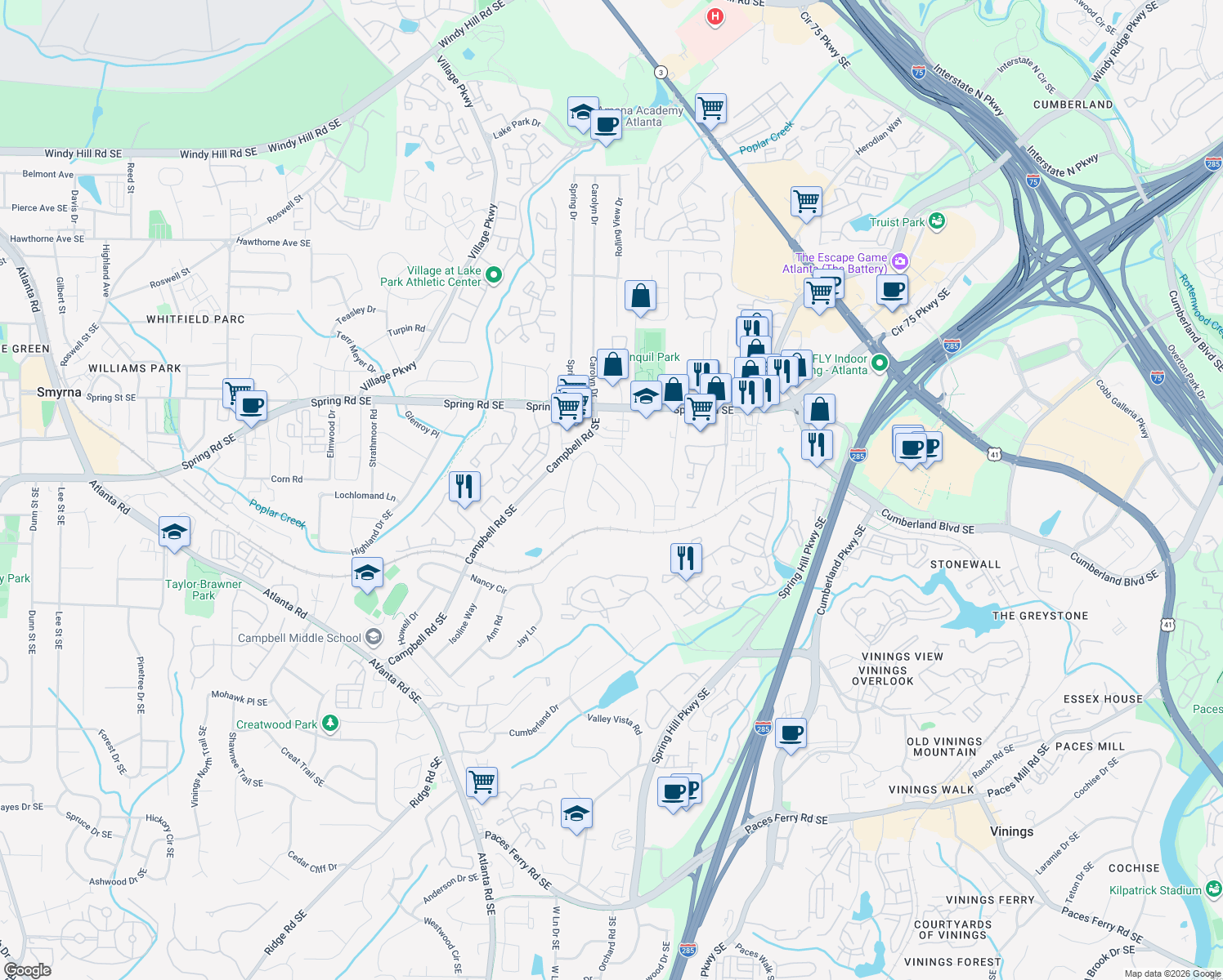 map of restaurants, bars, coffee shops, grocery stores, and more near 1309 Calderwood Court Southeast in Smyrna