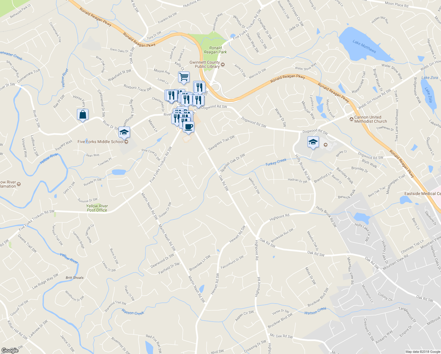 map of restaurants, bars, coffee shops, grocery stores, and more near 1150 Oak Road Southwest in Lilburn