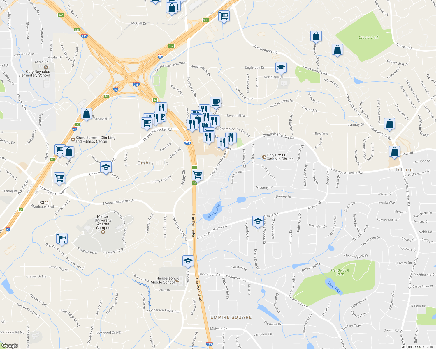 map of restaurants, bars, coffee shops, grocery stores, and more near 3534 Henderson Reserve in Atlanta