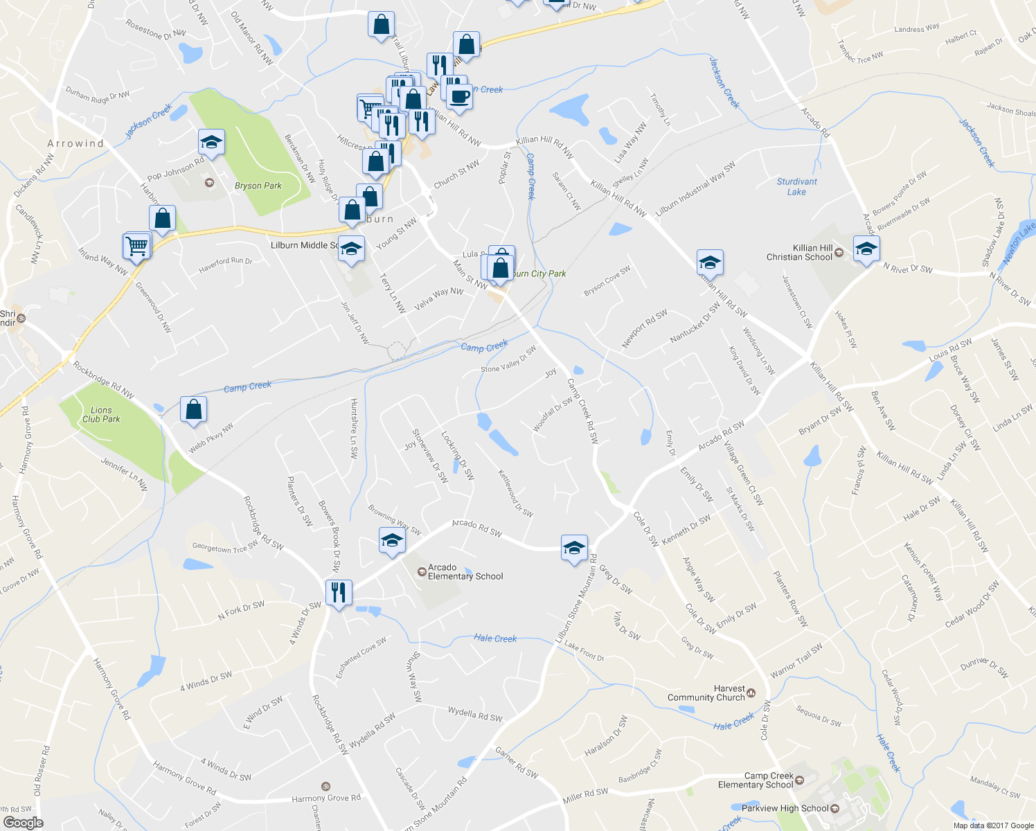 map of restaurants, bars, coffee shops, grocery stores, and more near 96 Woodfall Way in Lilburn