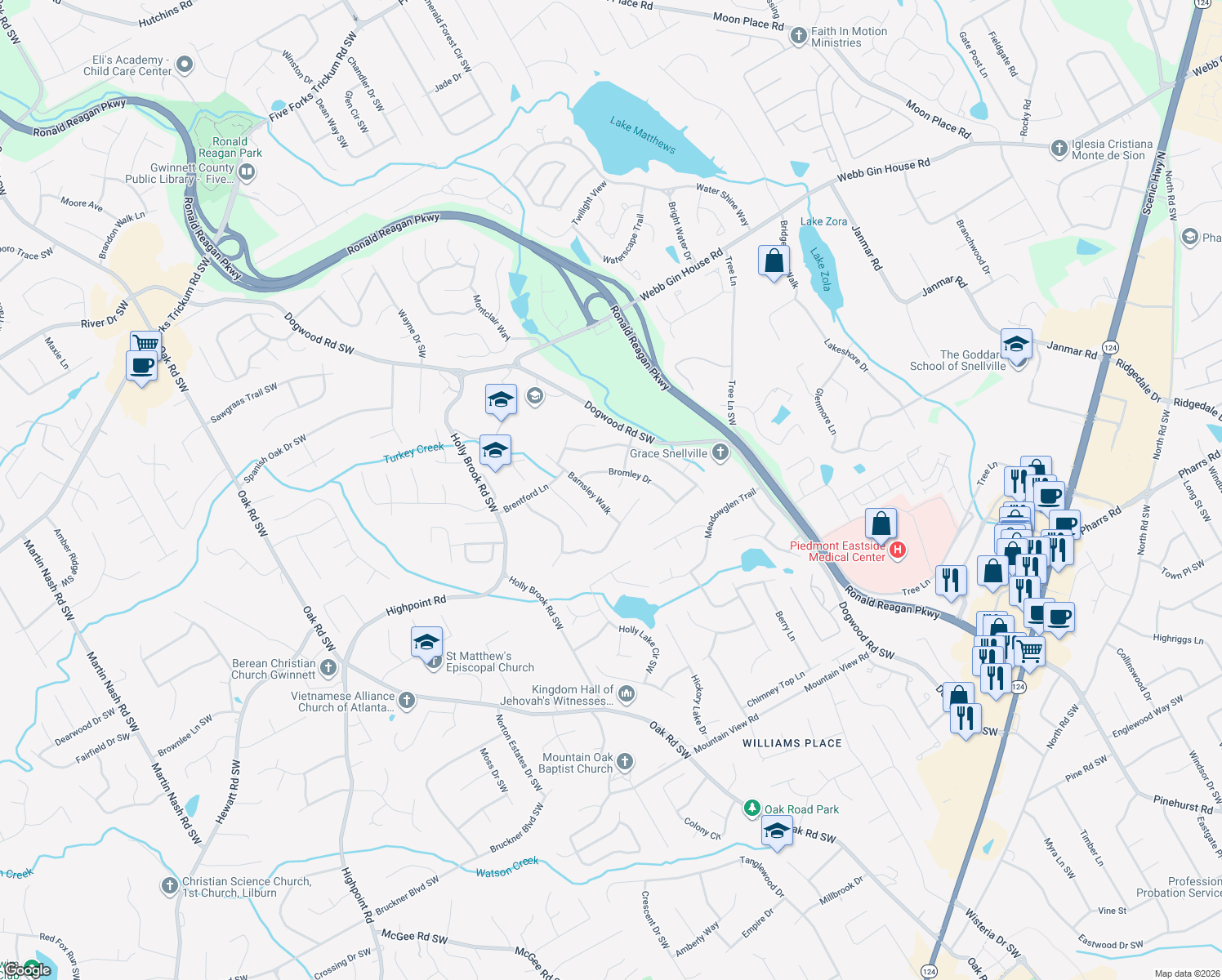 map of restaurants, bars, coffee shops, grocery stores, and more near 2595 Blyth Lane in Snellville