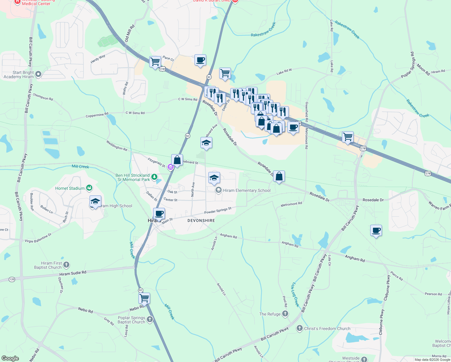 map of restaurants, bars, coffee shops, grocery stores, and more near 144 Trailside Way in Hiram