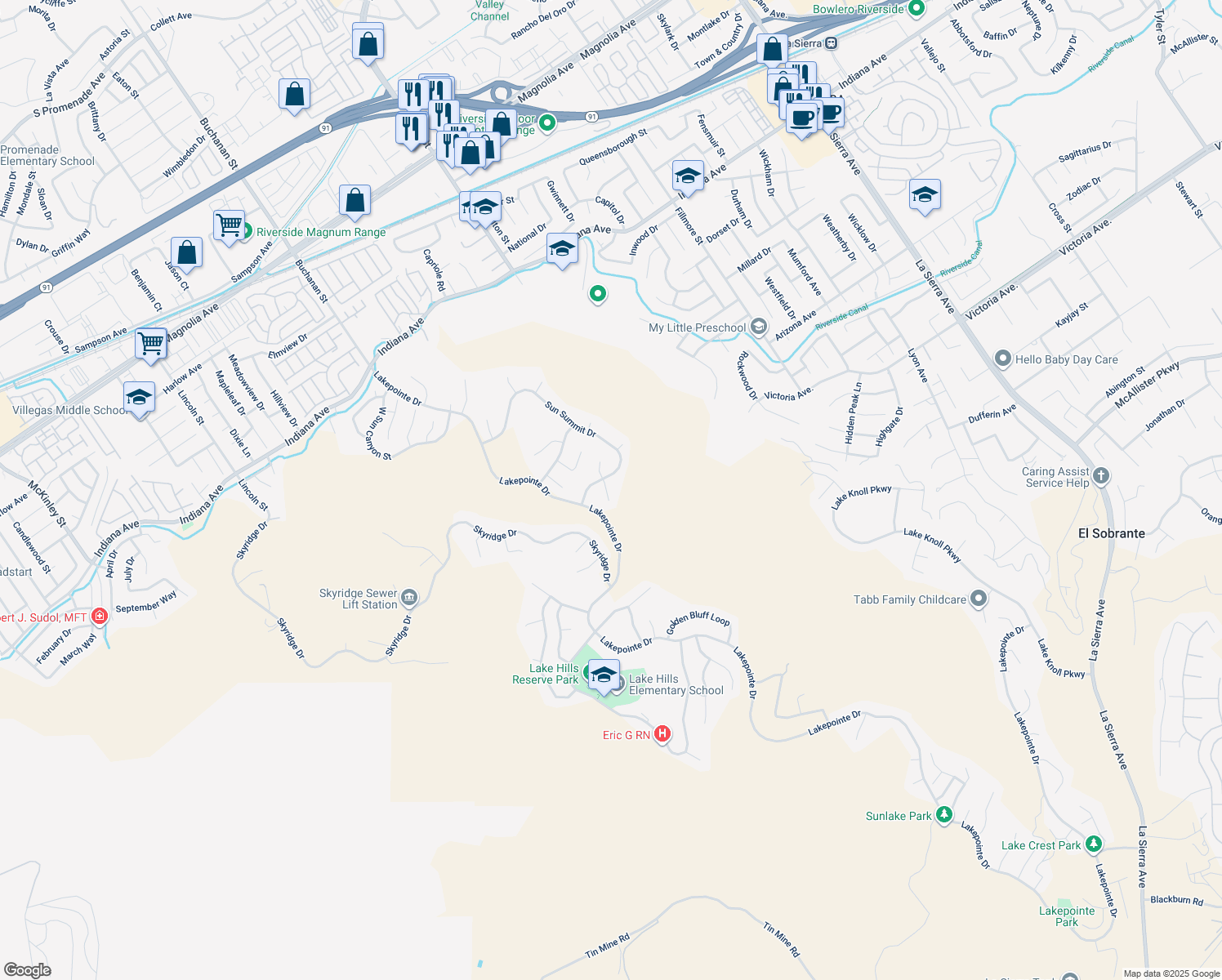 map of restaurants, bars, coffee shops, grocery stores, and more near 16456 High Bluff Court in Riverside