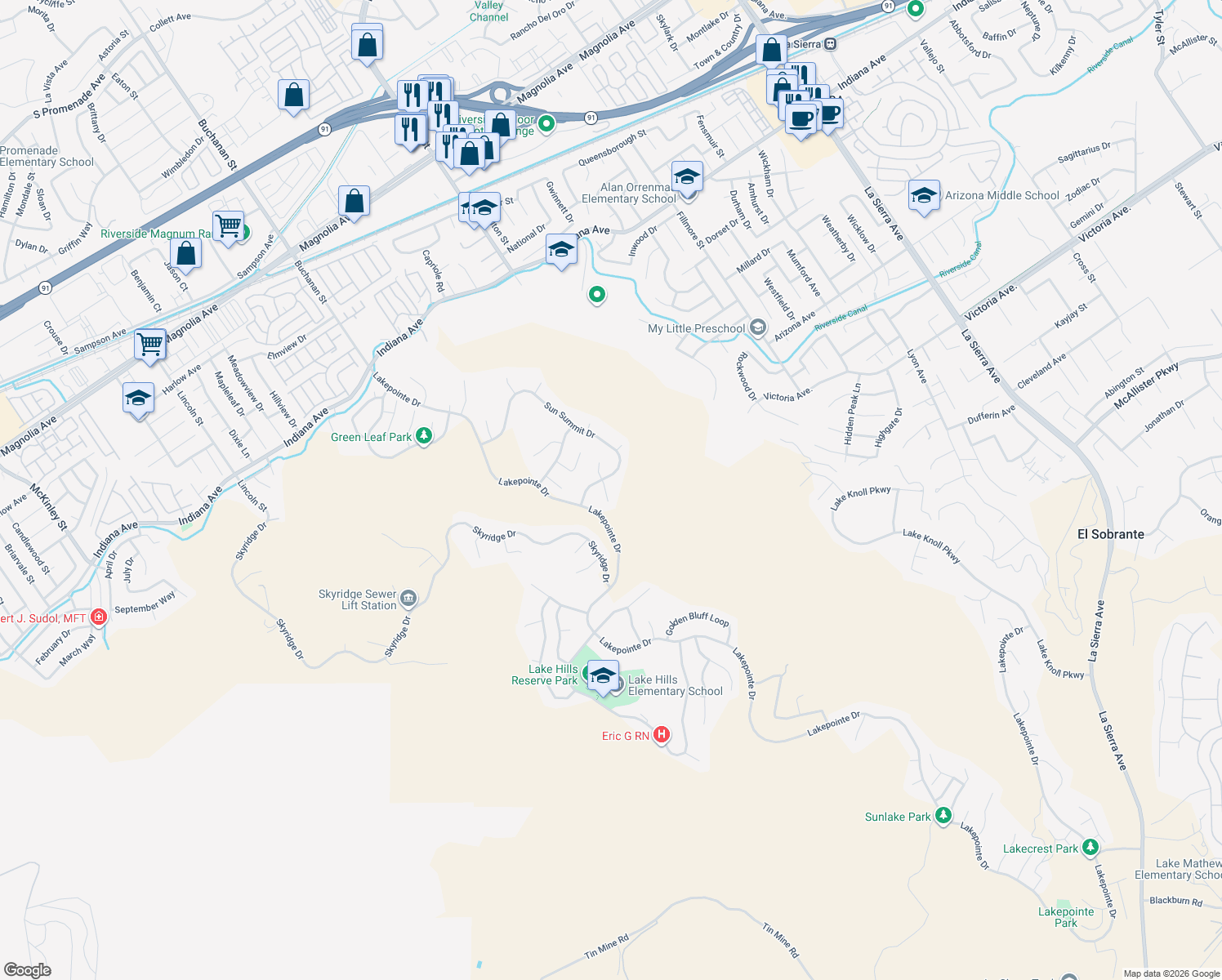 map of restaurants, bars, coffee shops, grocery stores, and more near 16456 High Bluff Court in Riverside