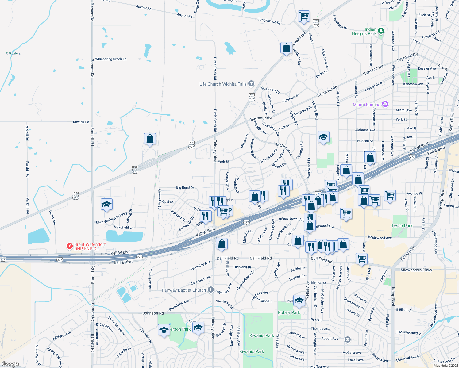 map of restaurants, bars, coffee shops, grocery stores, and more near 3015 Lombard Dr in Wichita Falls