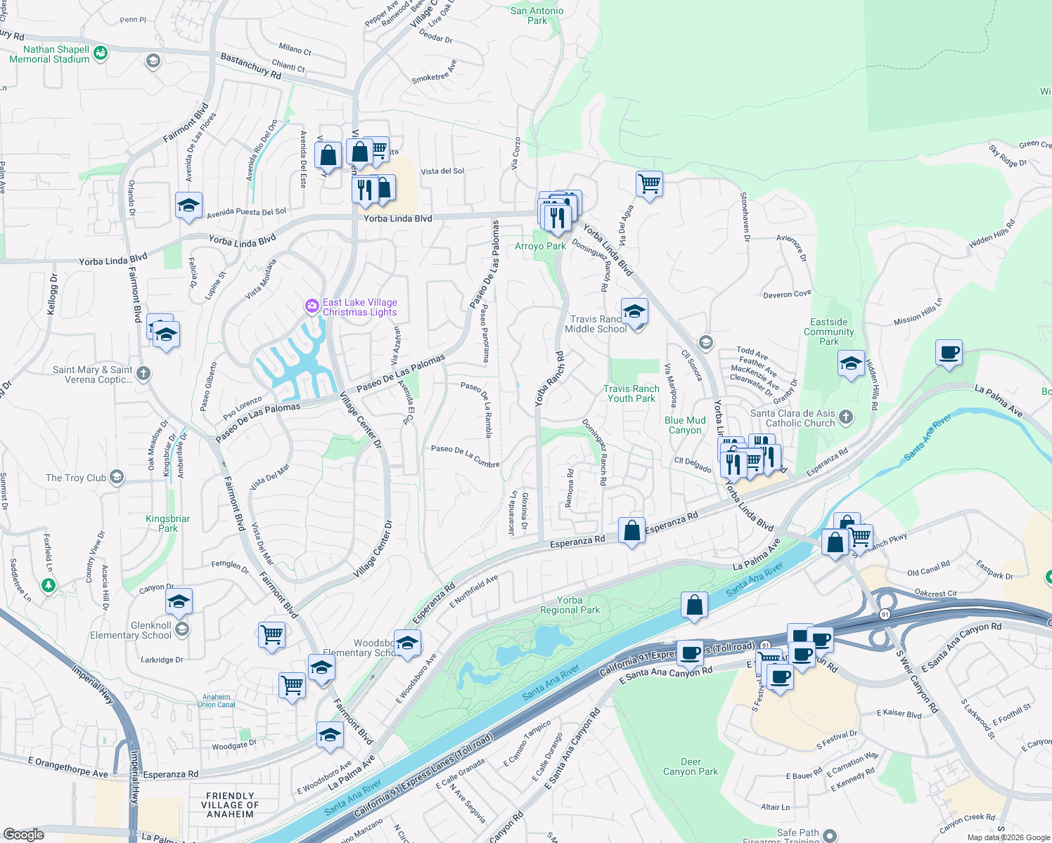 map of restaurants, bars, coffee shops, grocery stores, and more near 5665 Trailside Drive in Yorba Linda