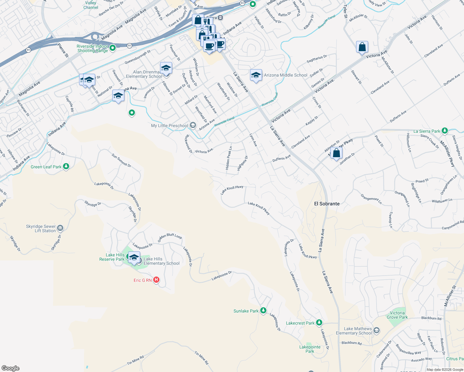 map of restaurants, bars, coffee shops, grocery stores, and more near 16455 Lake Knoll Parkway in Riverside