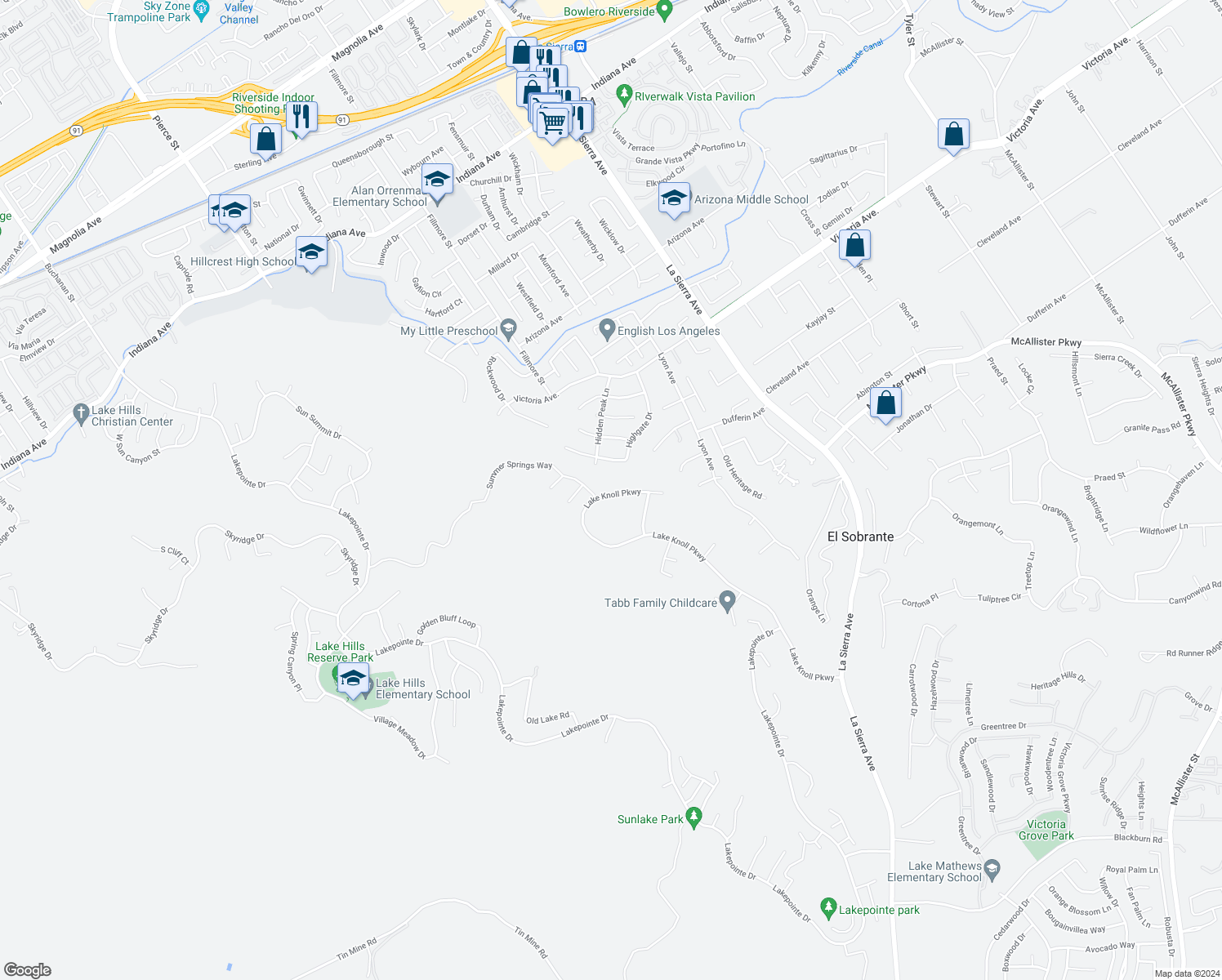 map of restaurants, bars, coffee shops, grocery stores, and more near 16455 Lake Knoll Parkway in Riverside