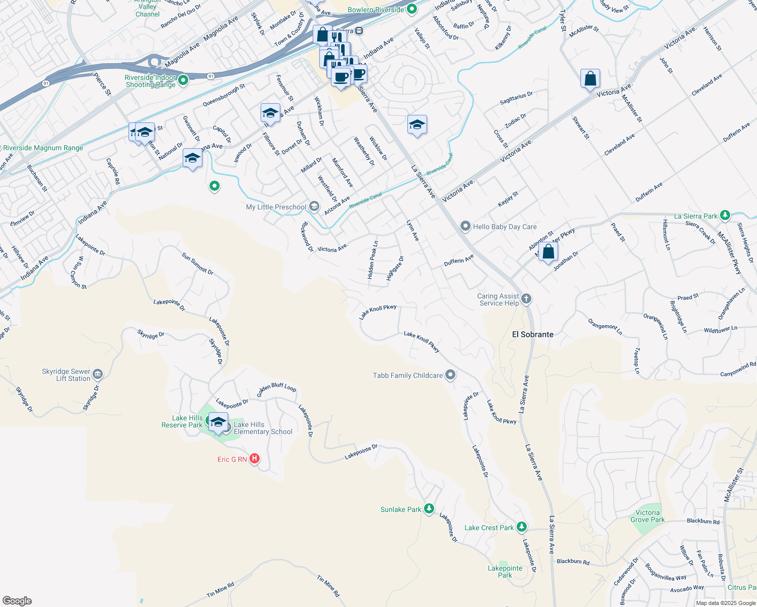 map of restaurants, bars, coffee shops, grocery stores, and more near 16455 Lake Knoll Parkway in Riverside