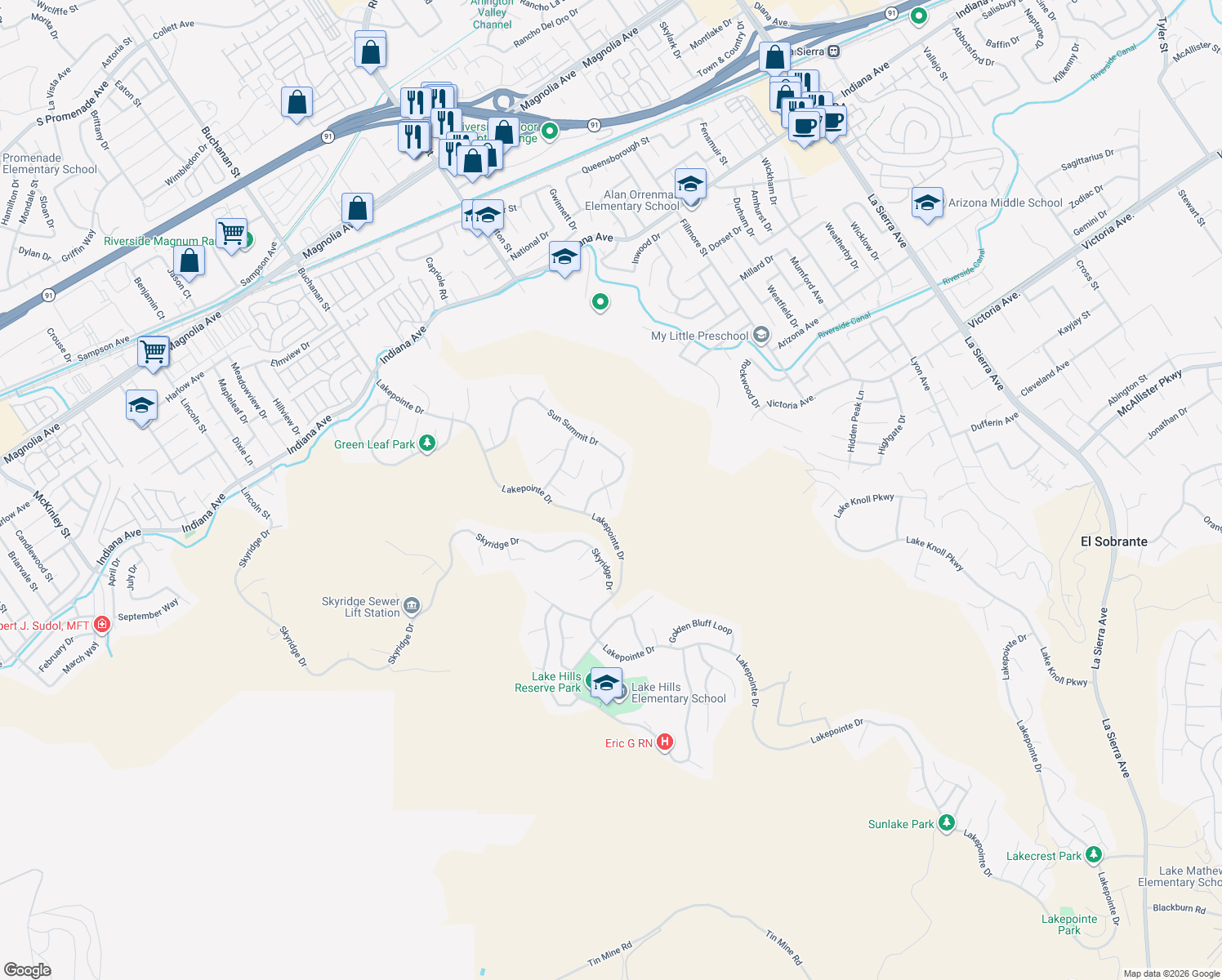 map of restaurants, bars, coffee shops, grocery stores, and more near 16462 Sun Summit Drive in Riverside