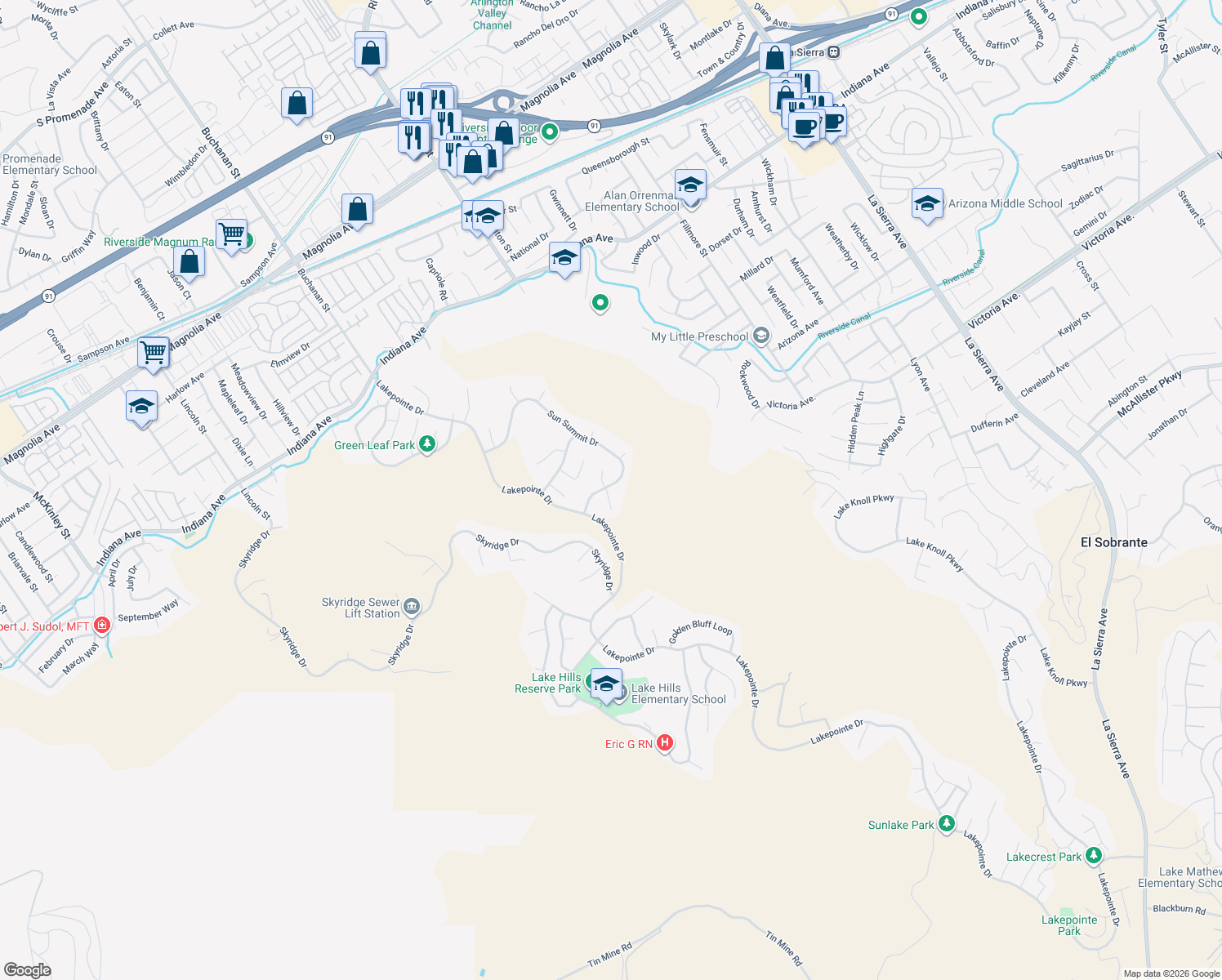map of restaurants, bars, coffee shops, grocery stores, and more near 16462 Sun Summit Drive in Riverside