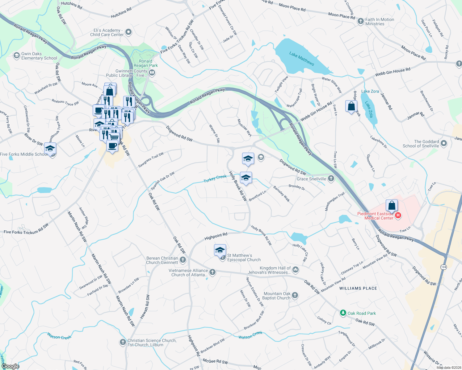 map of restaurants, bars, coffee shops, grocery stores, and more near 2710 Runnelwood Ln in Snellville