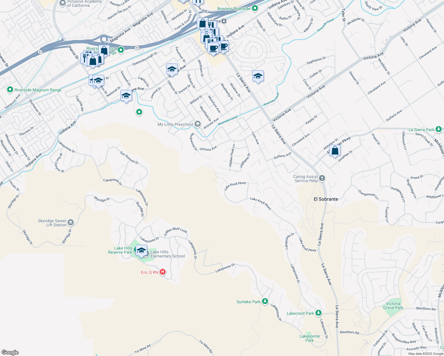 map of restaurants, bars, coffee shops, grocery stores, and more near Summer Springs Way in Riverside