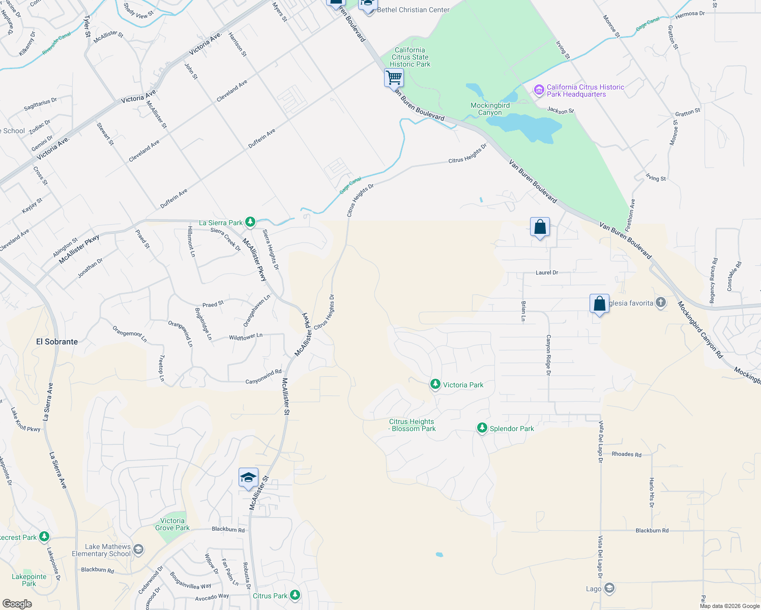 map of restaurants, bars, coffee shops, grocery stores, and more near 16519 Minneola Avenue in Riverside