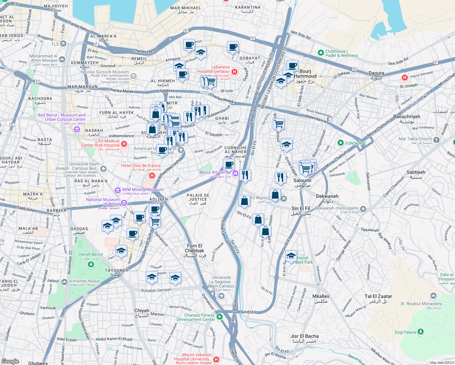map of restaurants, bars, coffee shops, grocery stores, and more near Beirut in Beirut