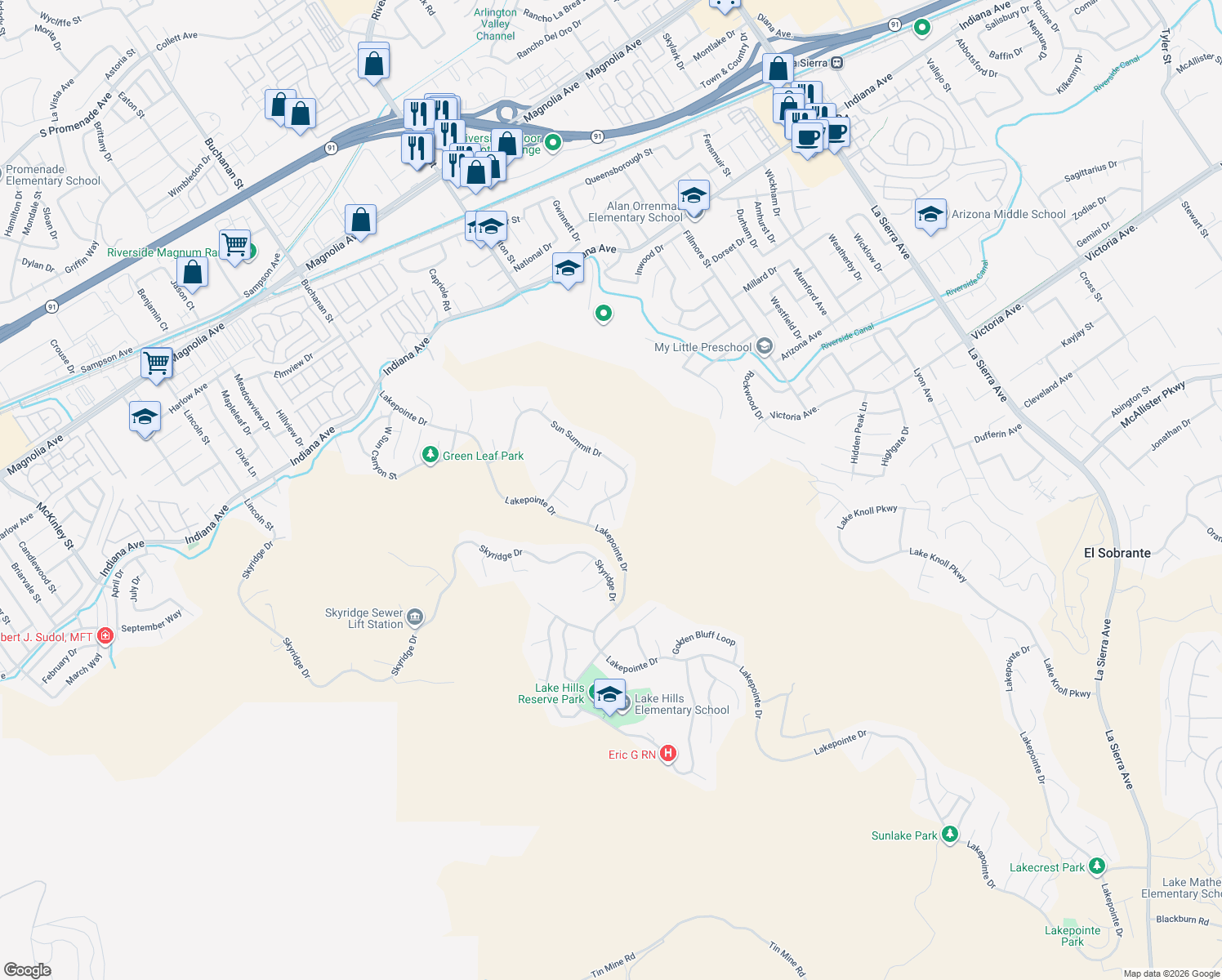 map of restaurants, bars, coffee shops, grocery stores, and more near 16423 Sun Summit Drive in Riverside