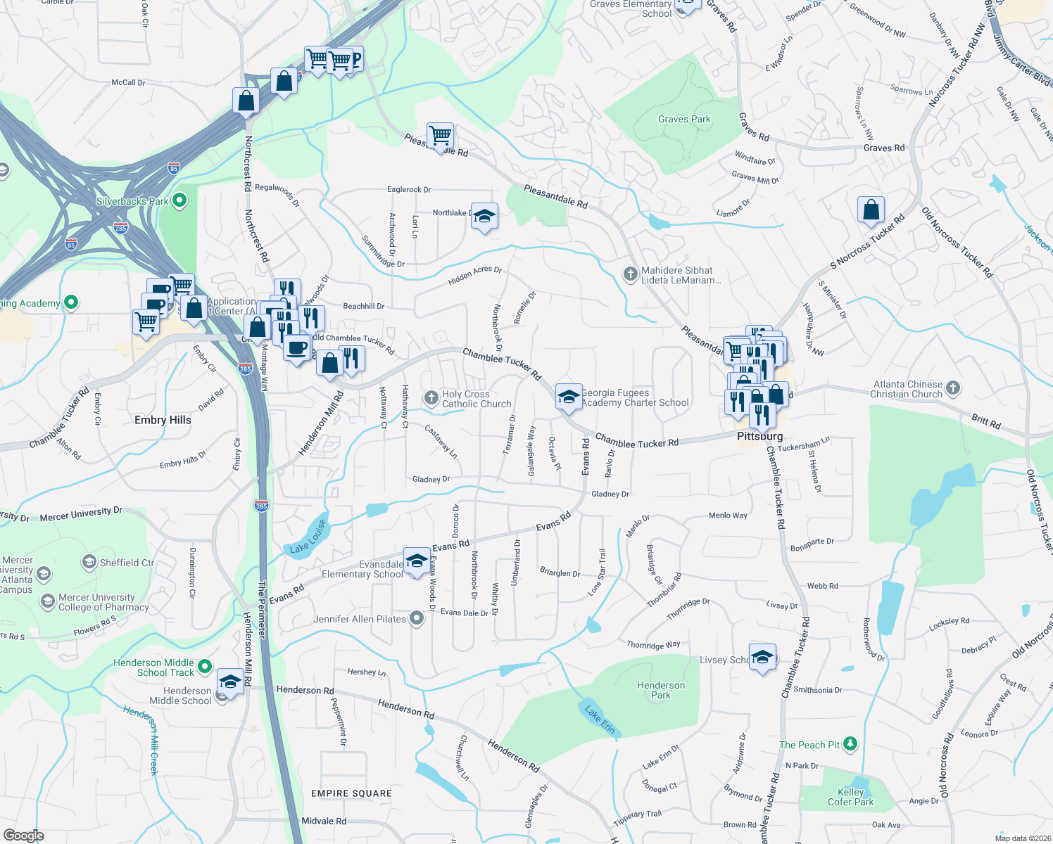 map of restaurants, bars, coffee shops, grocery stores, and more near 3143 Terramar Drive in Chamblee