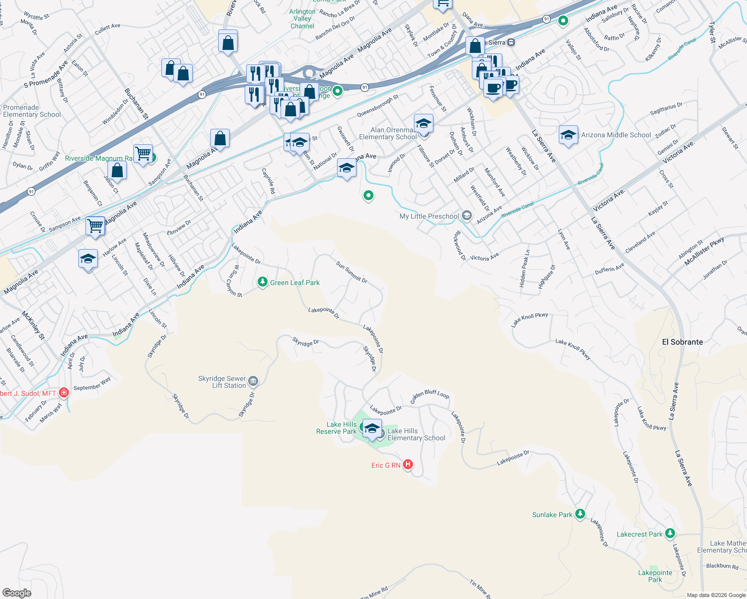 map of restaurants, bars, coffee shops, grocery stores, and more near 16396 High Bluff Court in Riverside