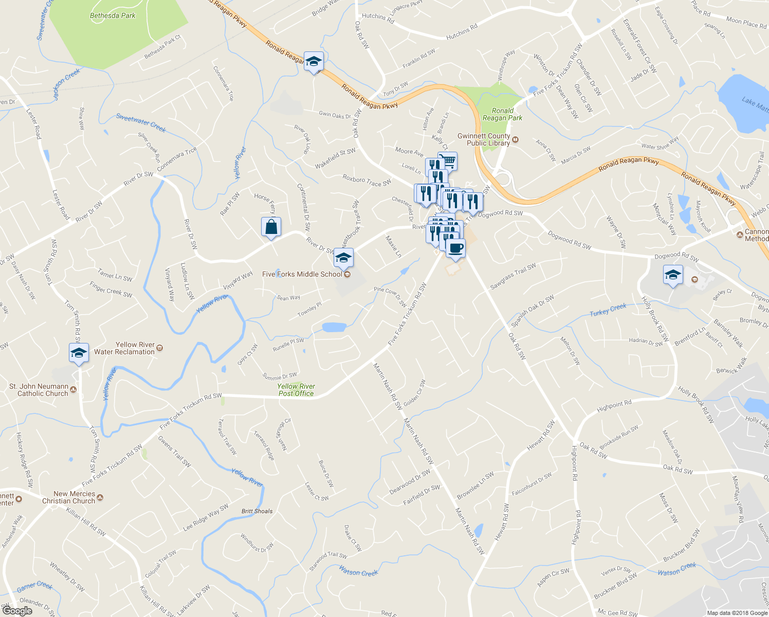 map of restaurants, bars, coffee shops, grocery stores, and more near 3245 Landingview Court in Lilburn