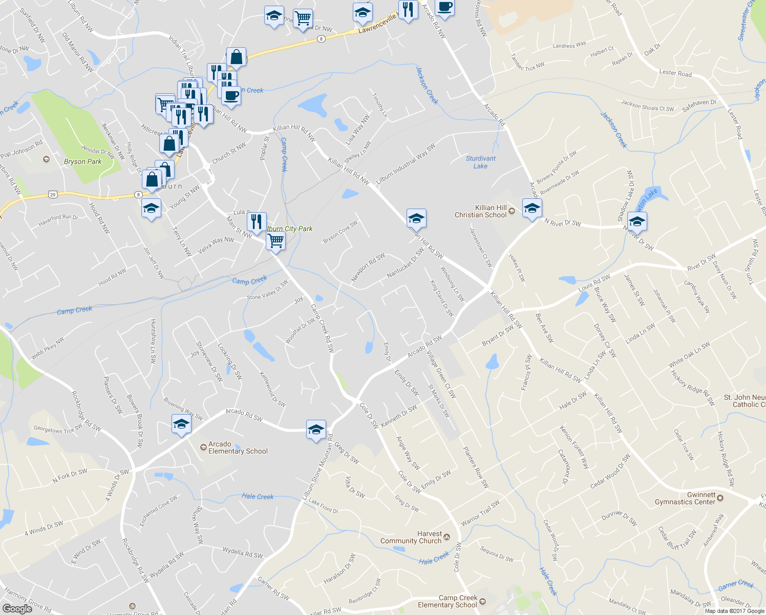 map of restaurants, bars, coffee shops, grocery stores, and more near 30 Village Green Court Southwest in Lilburn