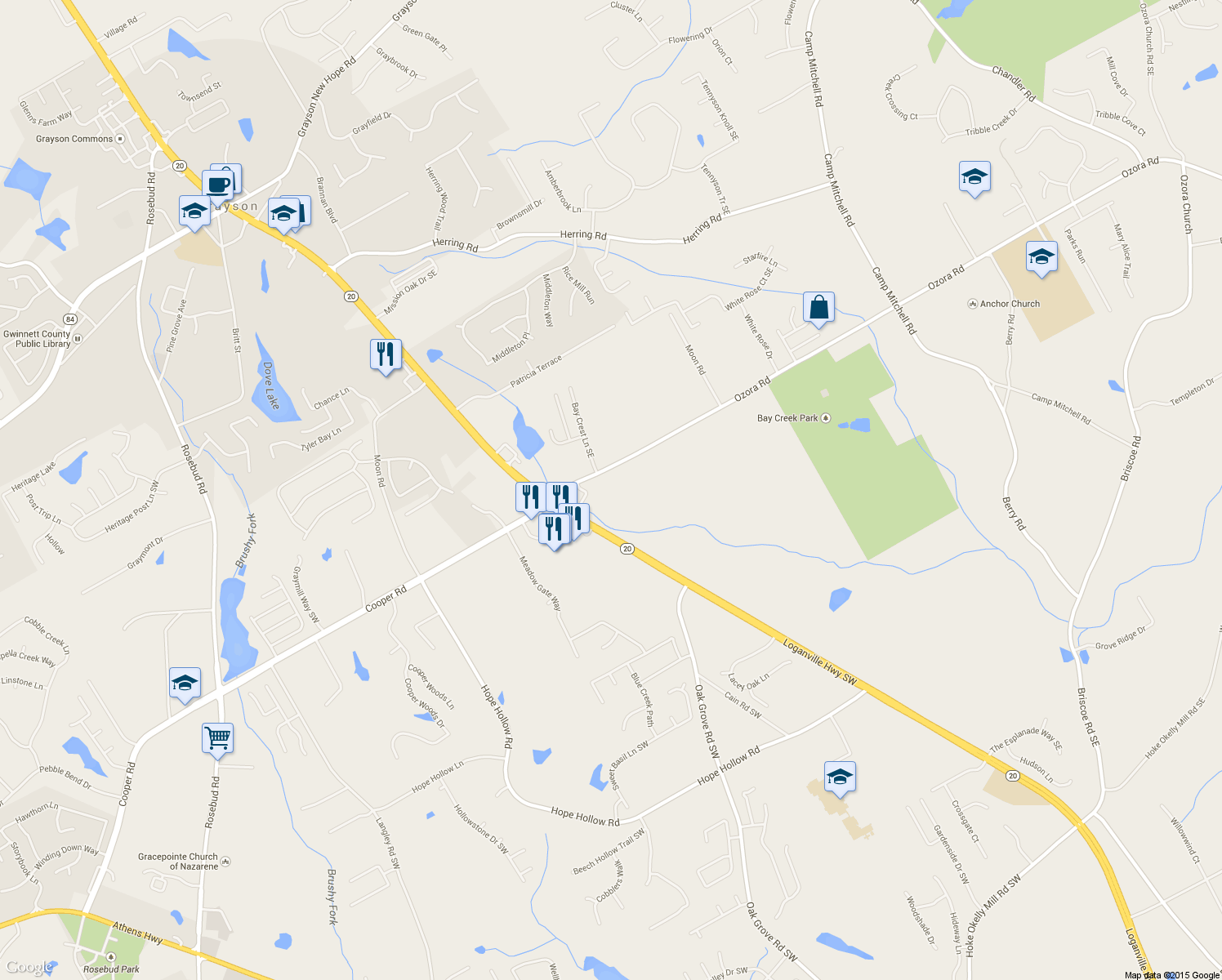 map of restaurants, bars, coffee shops, grocery stores, and more near 87 Ozora Road in Loganville