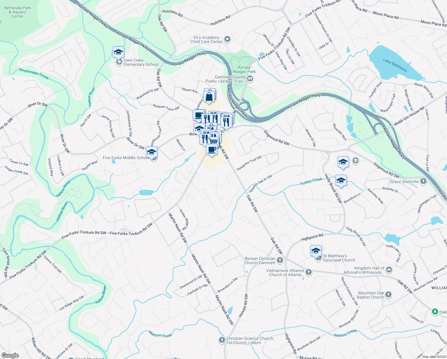 map of restaurants, bars, coffee shops, grocery stores, and more near 3055 Sawgrass Trail Southwest in Lilburn