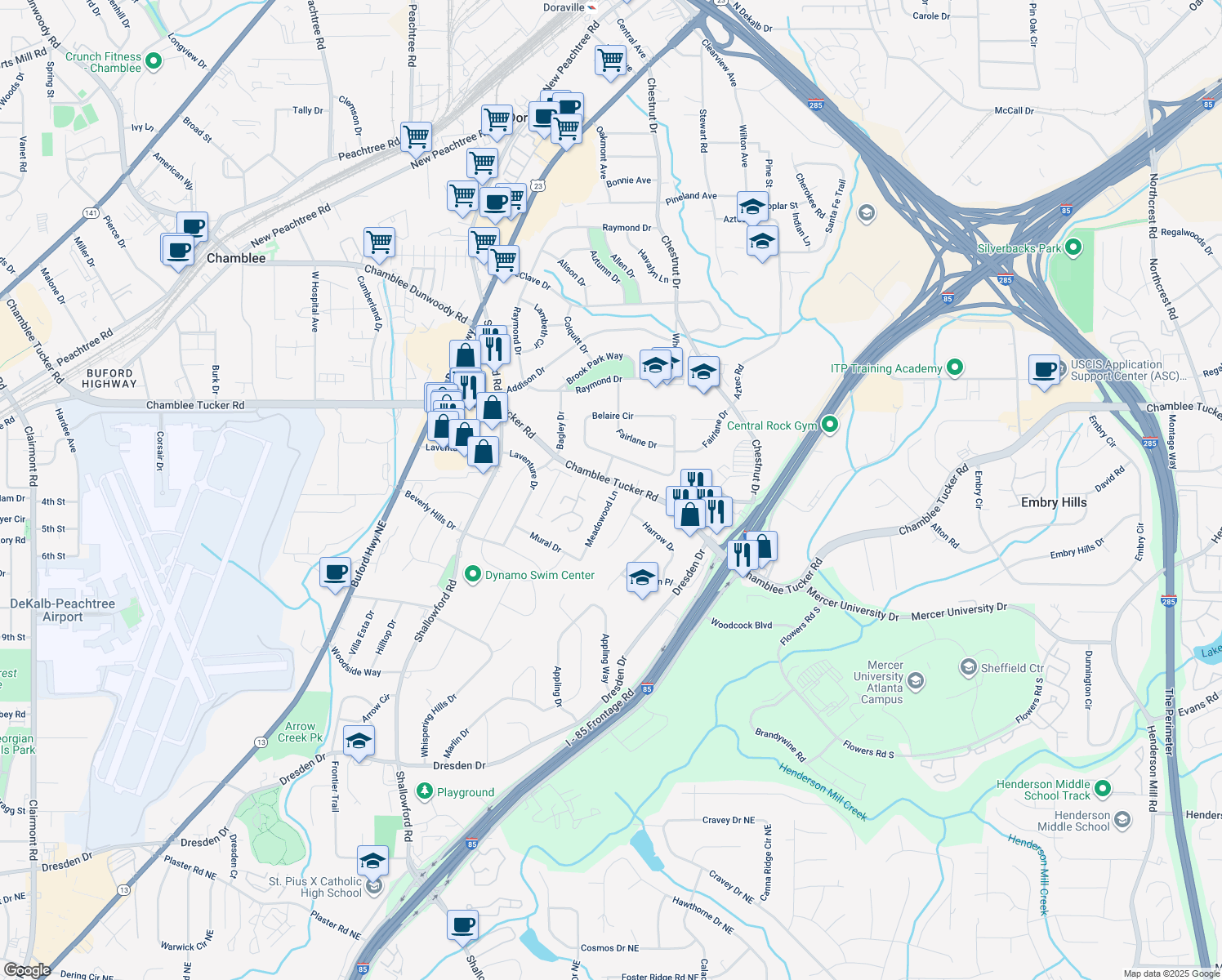 map of restaurants, bars, coffee shops, grocery stores, and more near 3174 Meadowood Lane in Chamblee