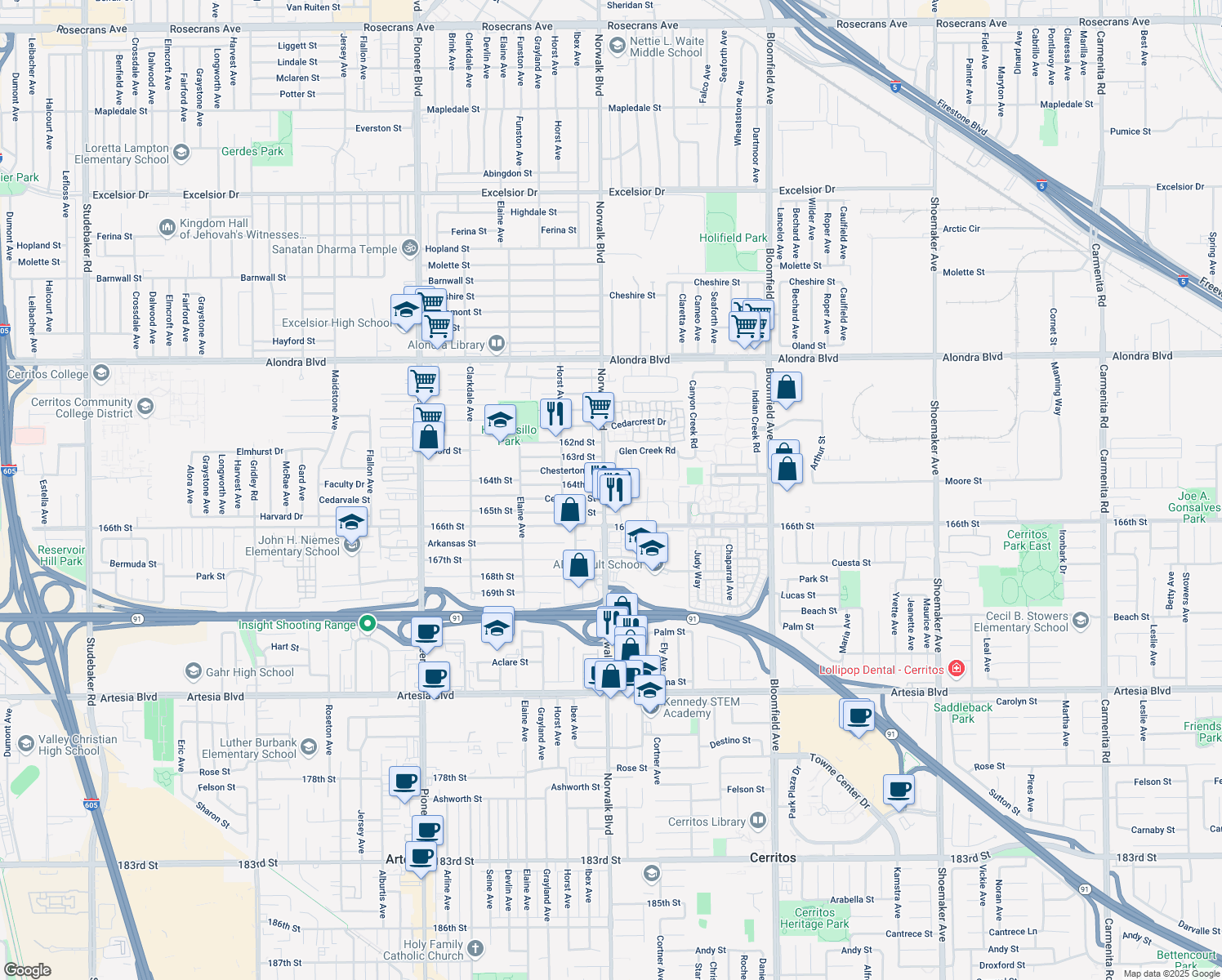 map of restaurants, bars, coffee shops, grocery stores, and more near 16407 Bubbling View Cir in Cerritos