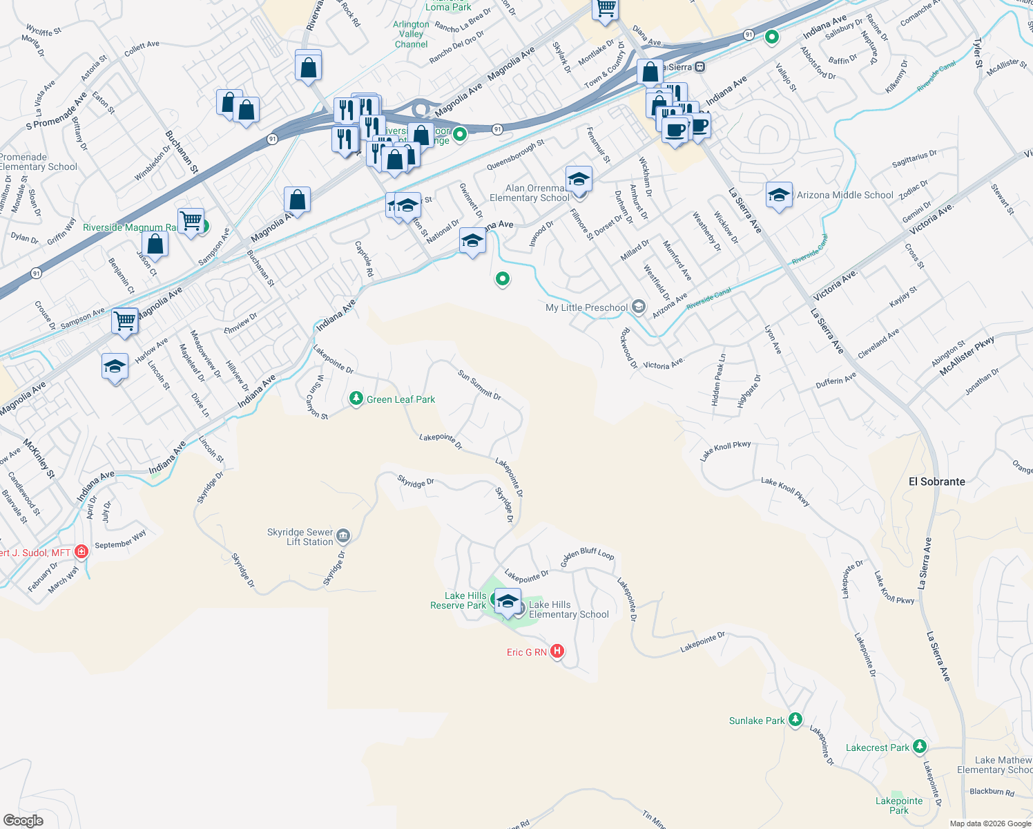 map of restaurants, bars, coffee shops, grocery stores, and more near 16423 Sun Summit Drive in Riverside