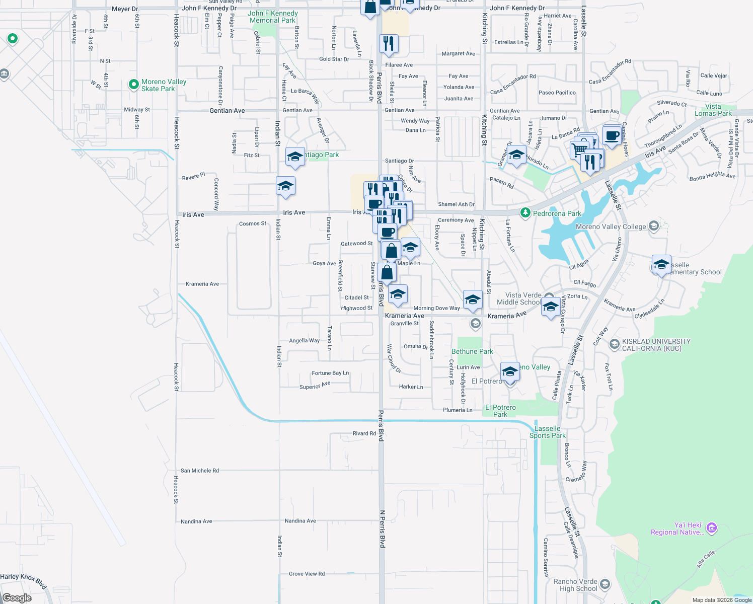 map of restaurants, bars, coffee shops, grocery stores, and more near 16412 Starview Street in Moreno Valley