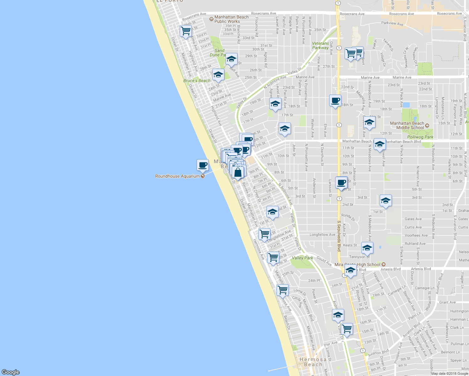 map of restaurants, bars, coffee shops, grocery stores, and more near 800 The Strand in Manhattan Beach