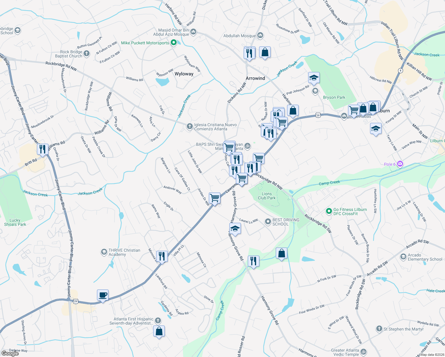 map of restaurants, bars, coffee shops, grocery stores, and more near 5712 Grove Farm Court Northwest in Lilburn